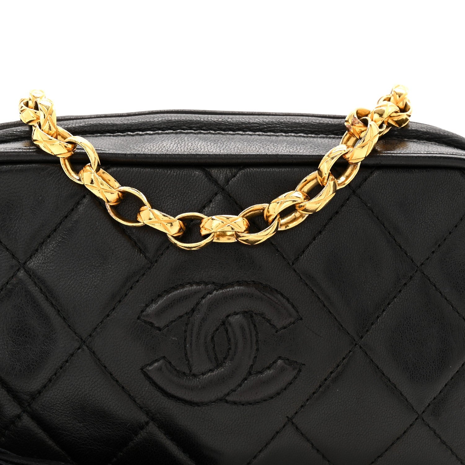 Lambskin Quilted Tassel Camera Case Black