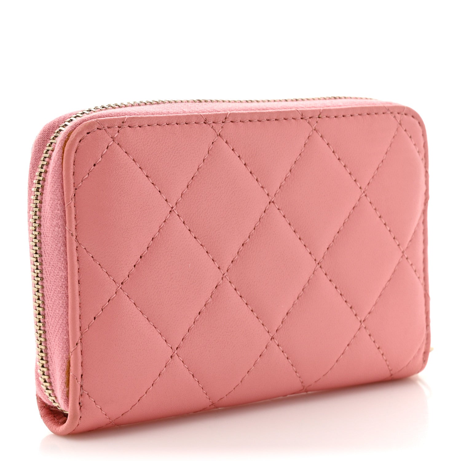 Lambskin Enamel Quilted Zip Around Coin Purse Wallet Pink