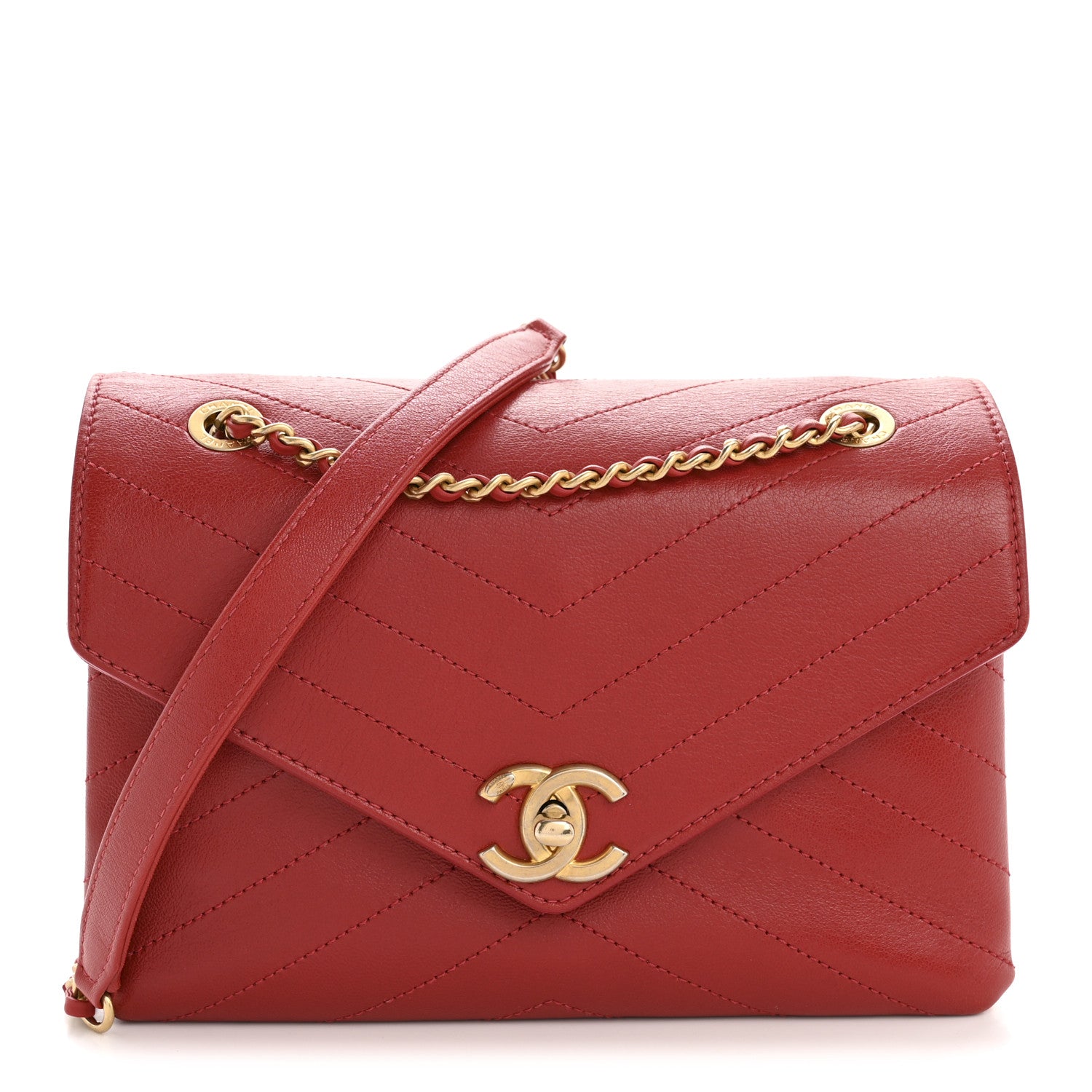 Lambskin Chevron Stitched Envelope Flap Bag Red