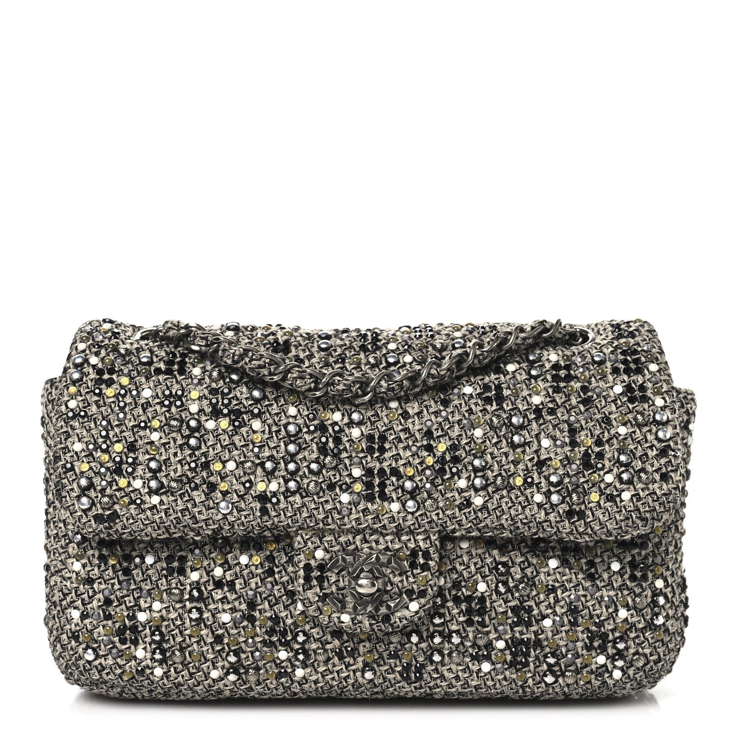 Tweed Quilted Mini Side Pearl Flap Bag Grey