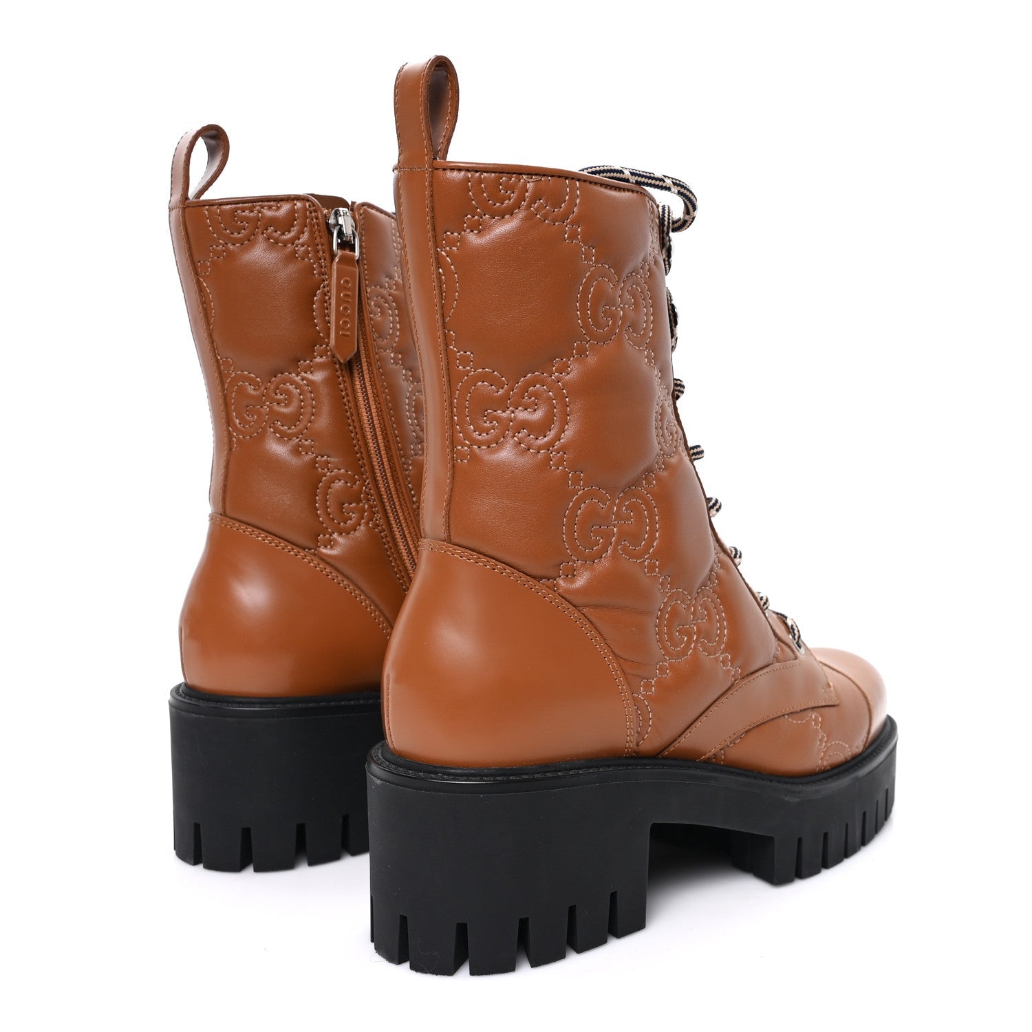 Cordovan Lux Nappa GG Matelasse Lace Up 60mm Combat Boots 37.5 Dark Hazel Brown