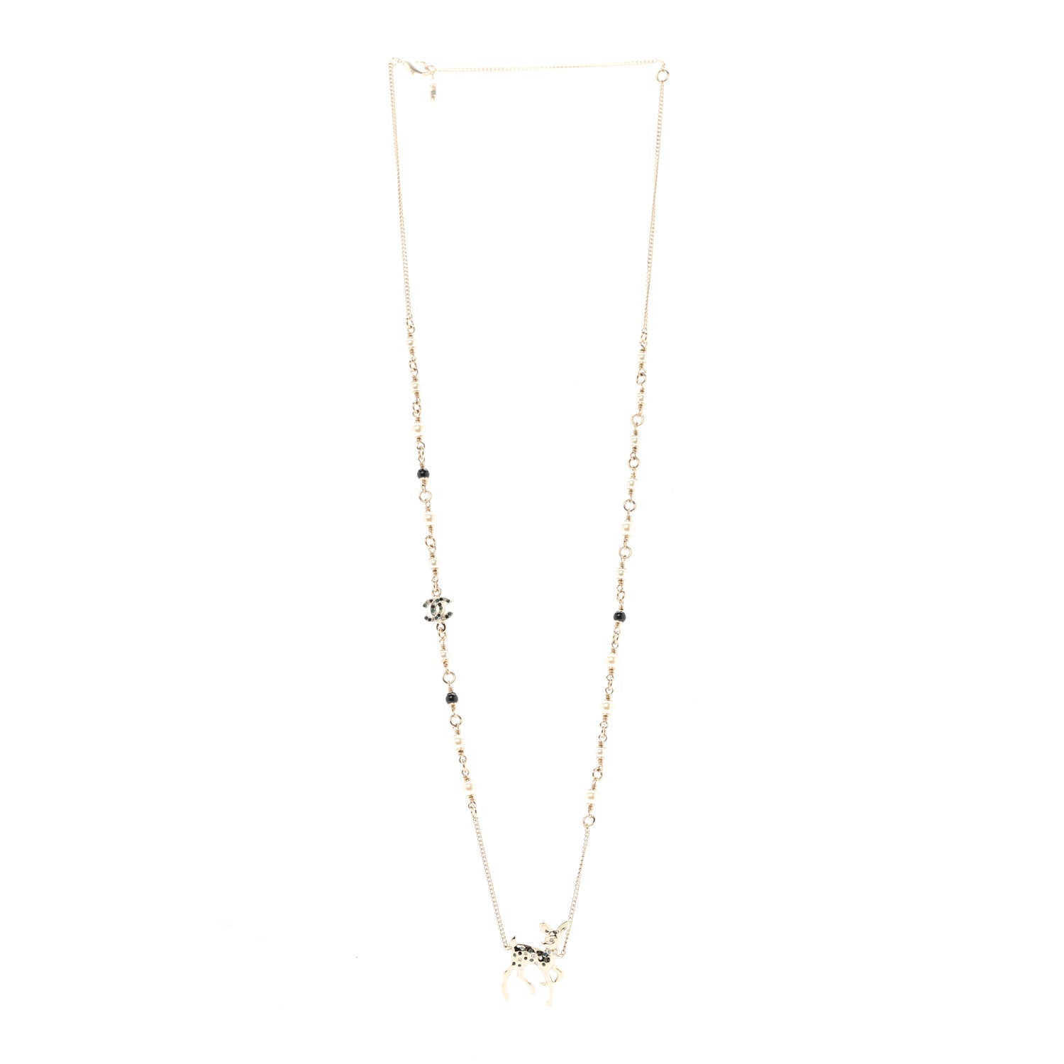 Pearl Crystal CC Deer Long Necklace Gold Green