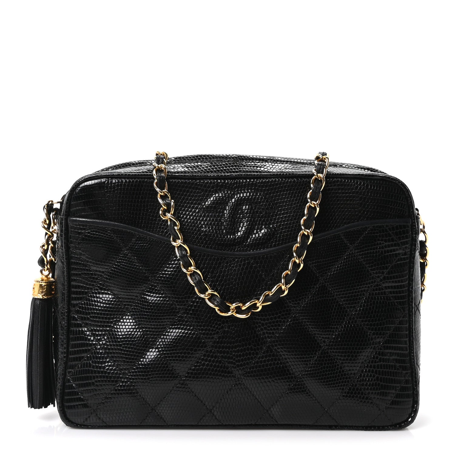 Lizard Quilted Small Tassel Camera Case Black