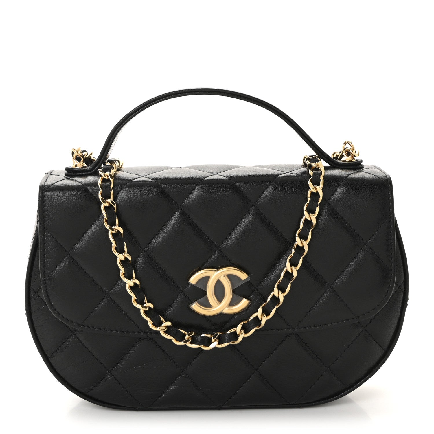 Shiny Aged Calfskin Quilted Flap Phone Holder With Chain Black