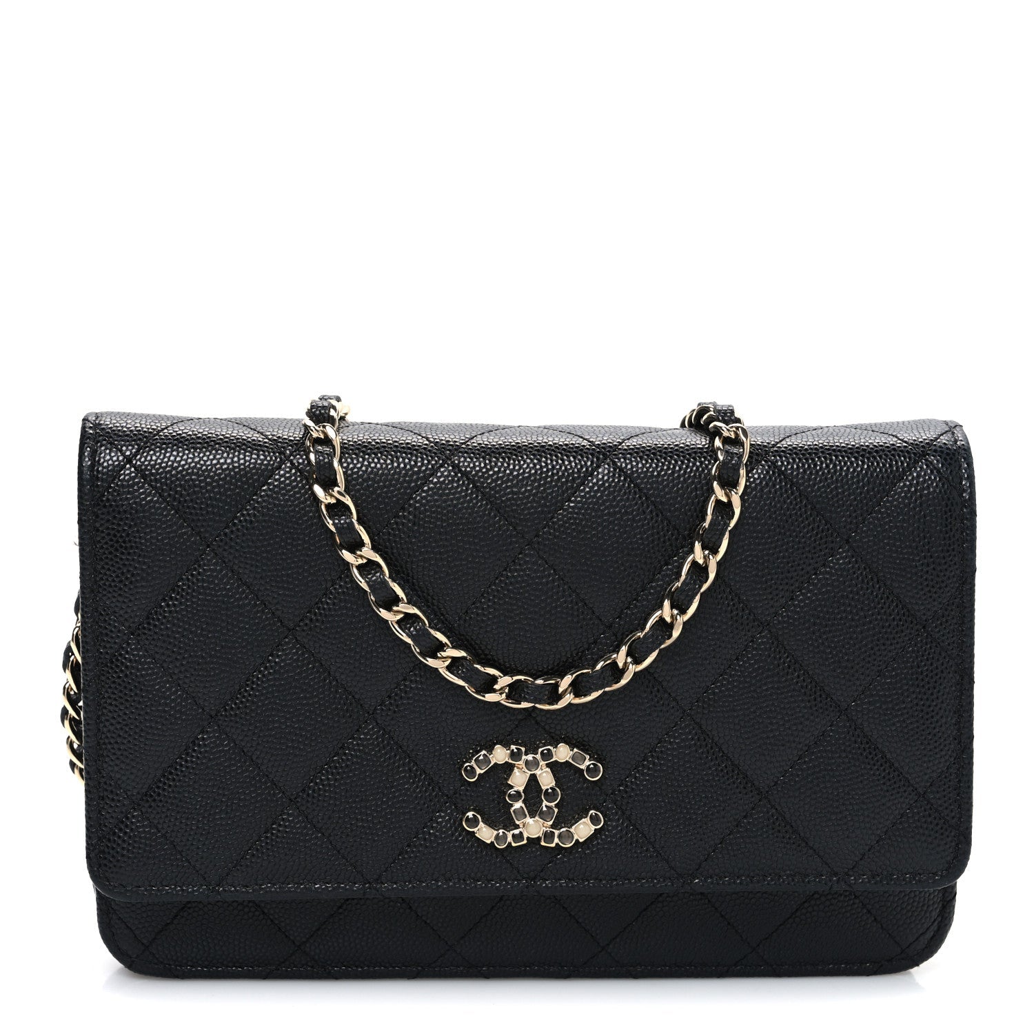 Shiny Caviar Enamel Quilted CC Wallet On Chain WOC Black