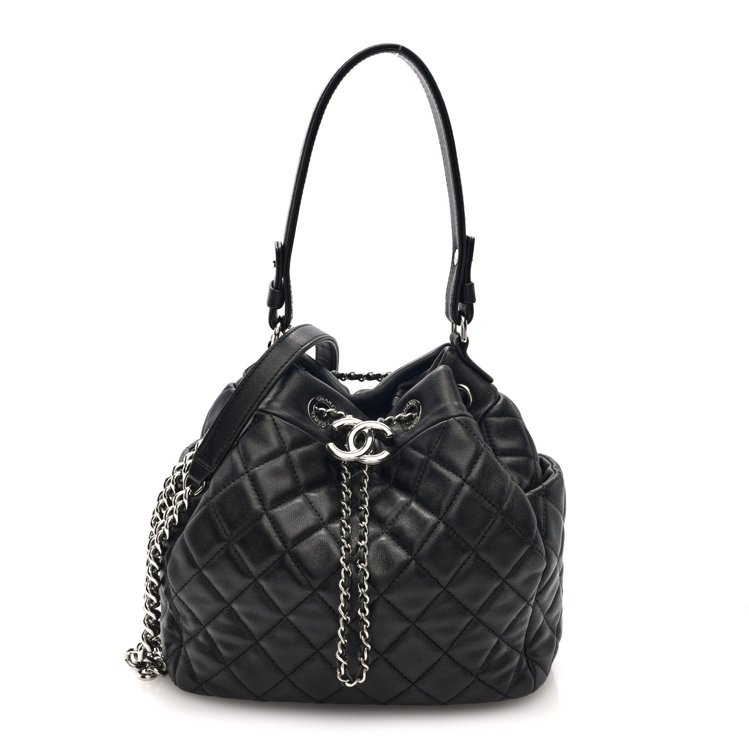 Lambskin Quilted CC Chain Drawstring Tote Black