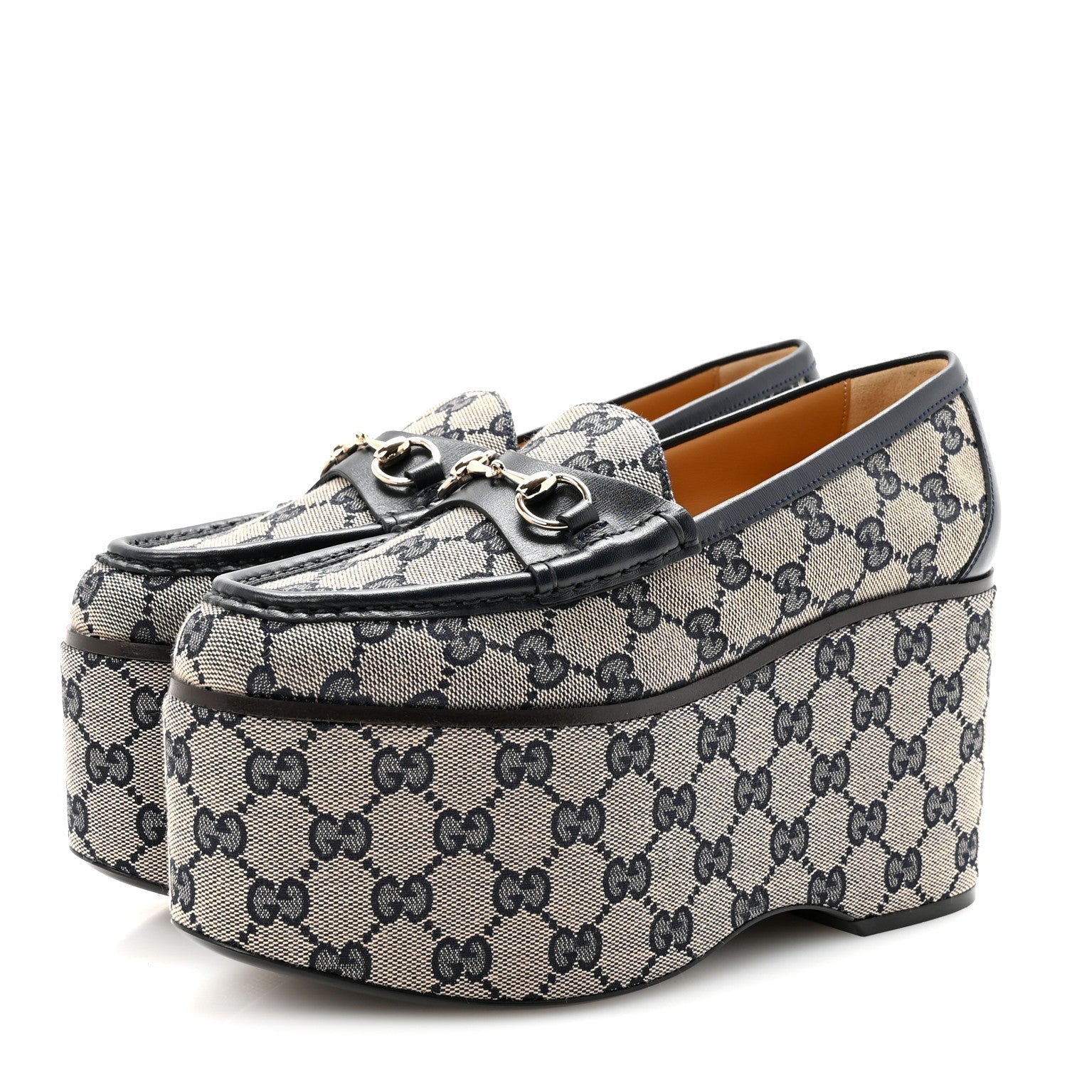Canvas GG Monogram Horsebit Calfskin Womens Horsebit Platform Loafers 37.5 Beige Blue