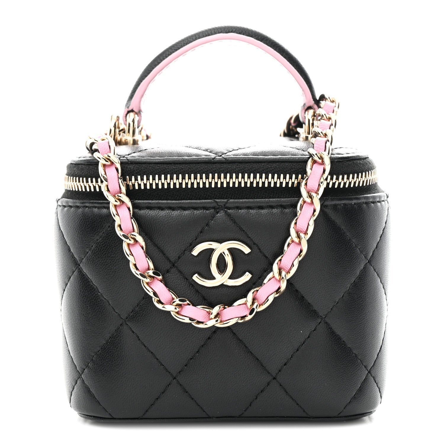 Lambskin Quilted Top Handle Mini Vanity Case With Chain Black Pink