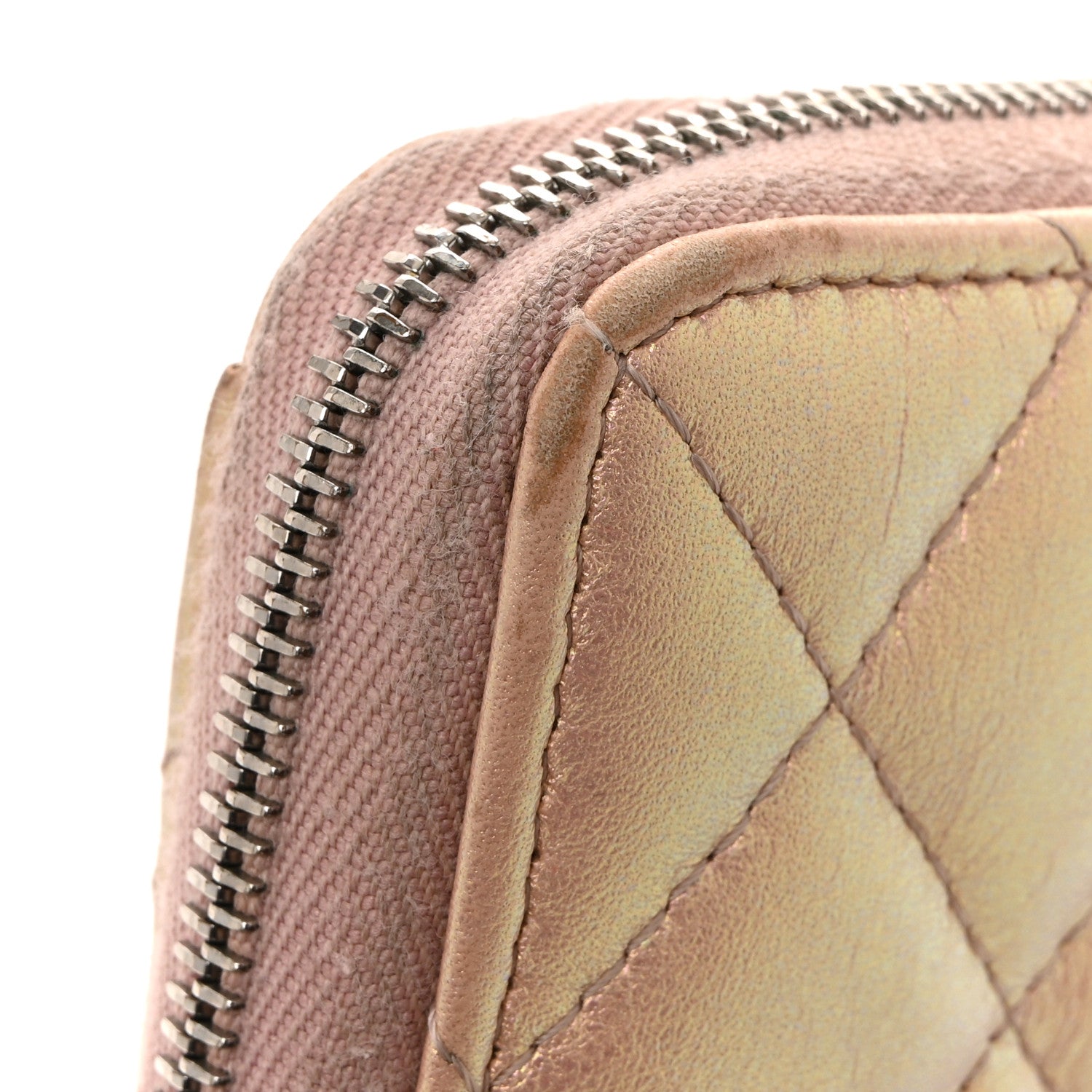 Iridescent Lambskin Quilted Large Gusset Zip Around Wallet Pink