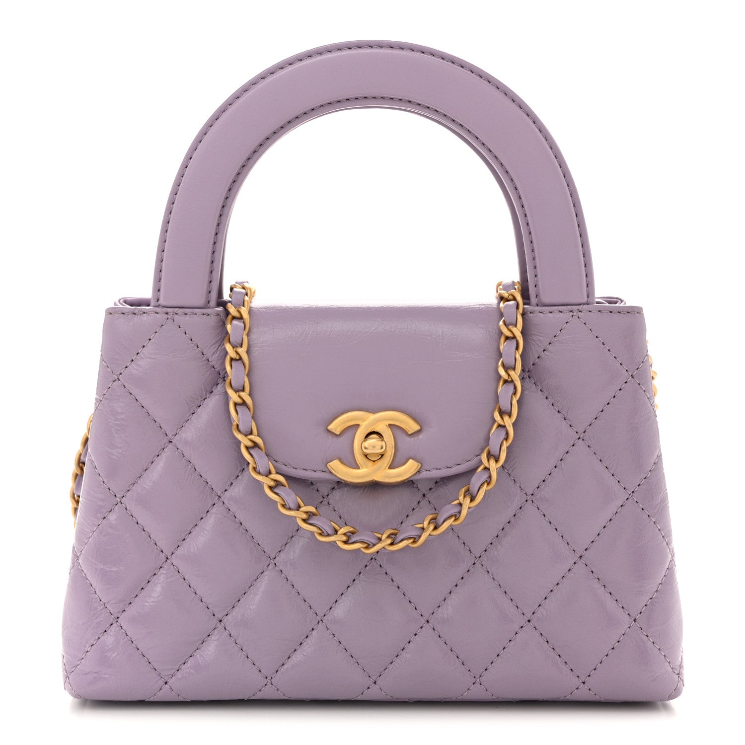 Shiny Aged Calfskin Quilted Nano Kelly Shopper Lilac