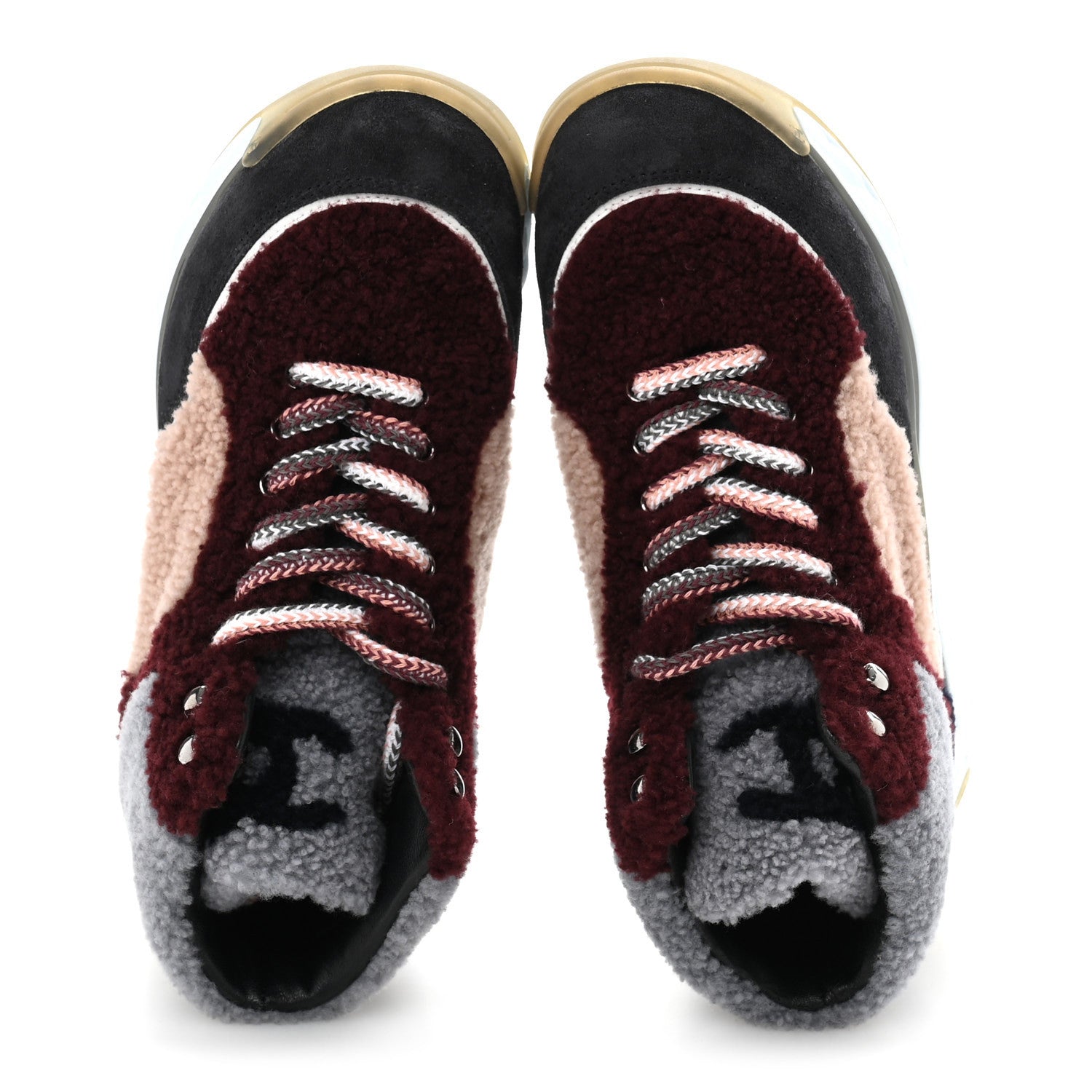 Shearling Lambskin Suede CC High Top Sneakers 36.5 Grey Pink Burgundy