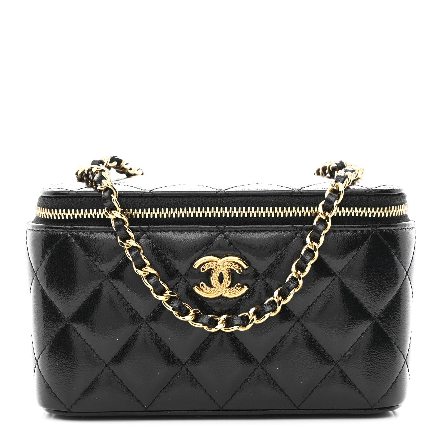 Shiny Lambskin Quilted Small Vanity Case With Chain Black