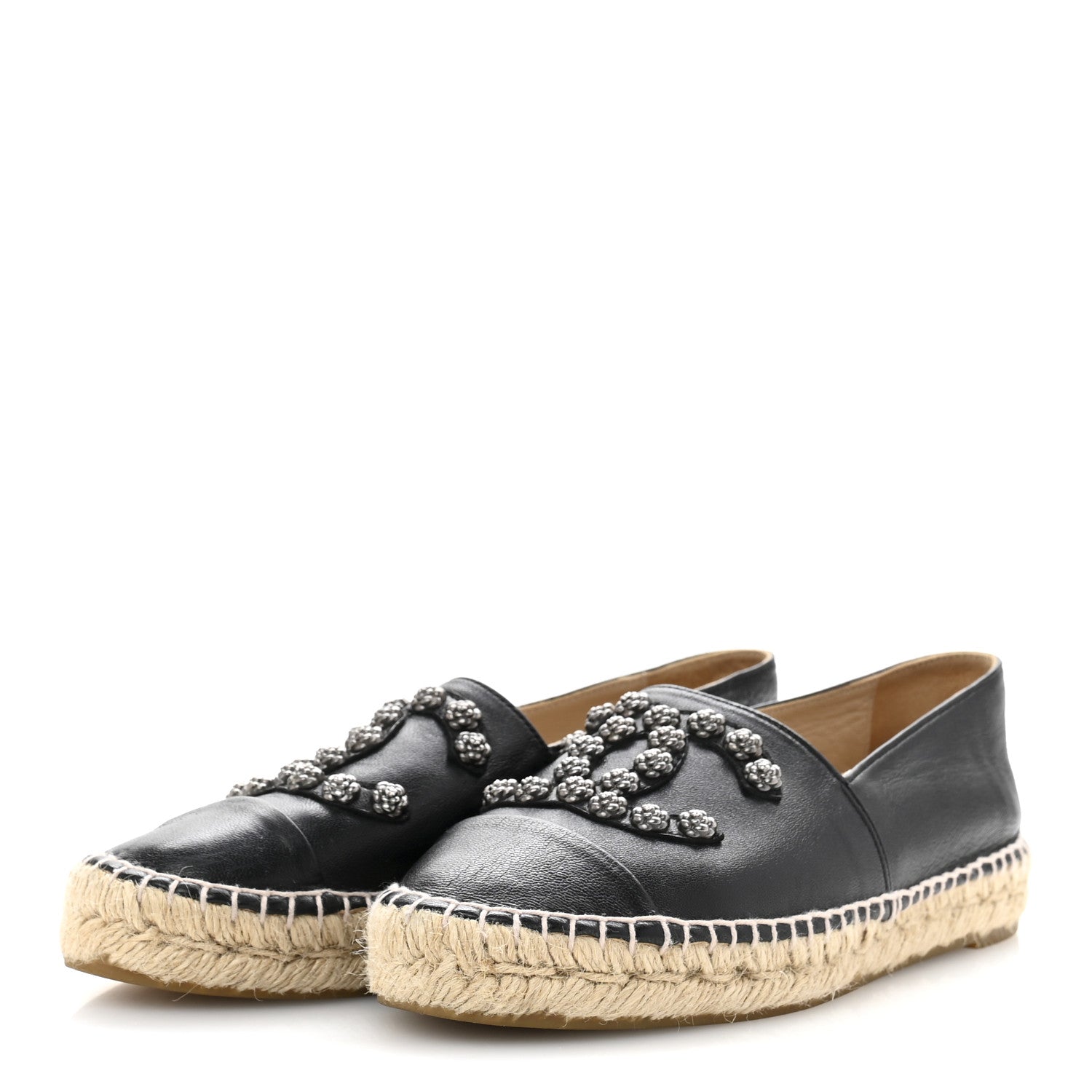 Lambskin Camellia CC Stud Espadrilles 36 Black