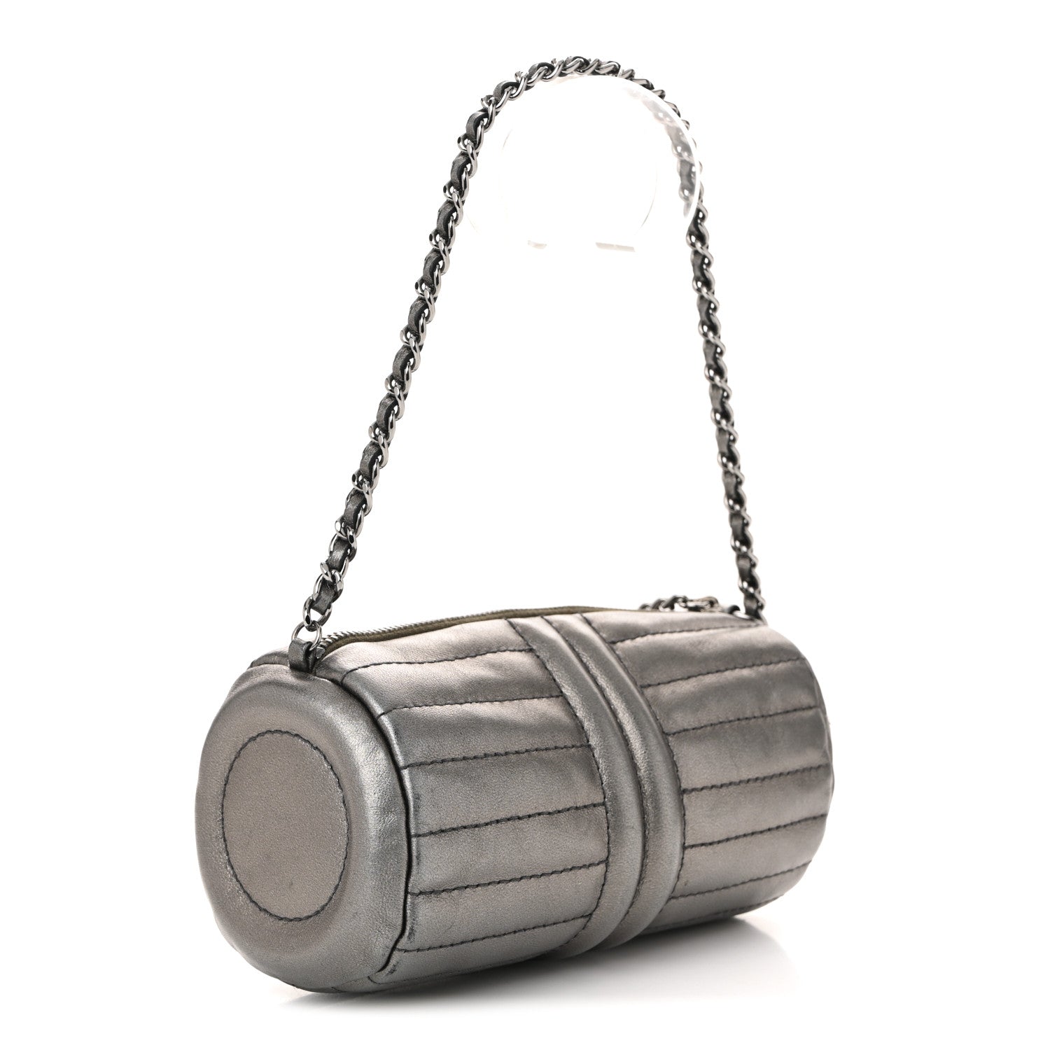 Metallic Lambskin Horizontal Quilt Pochette Dark Grey