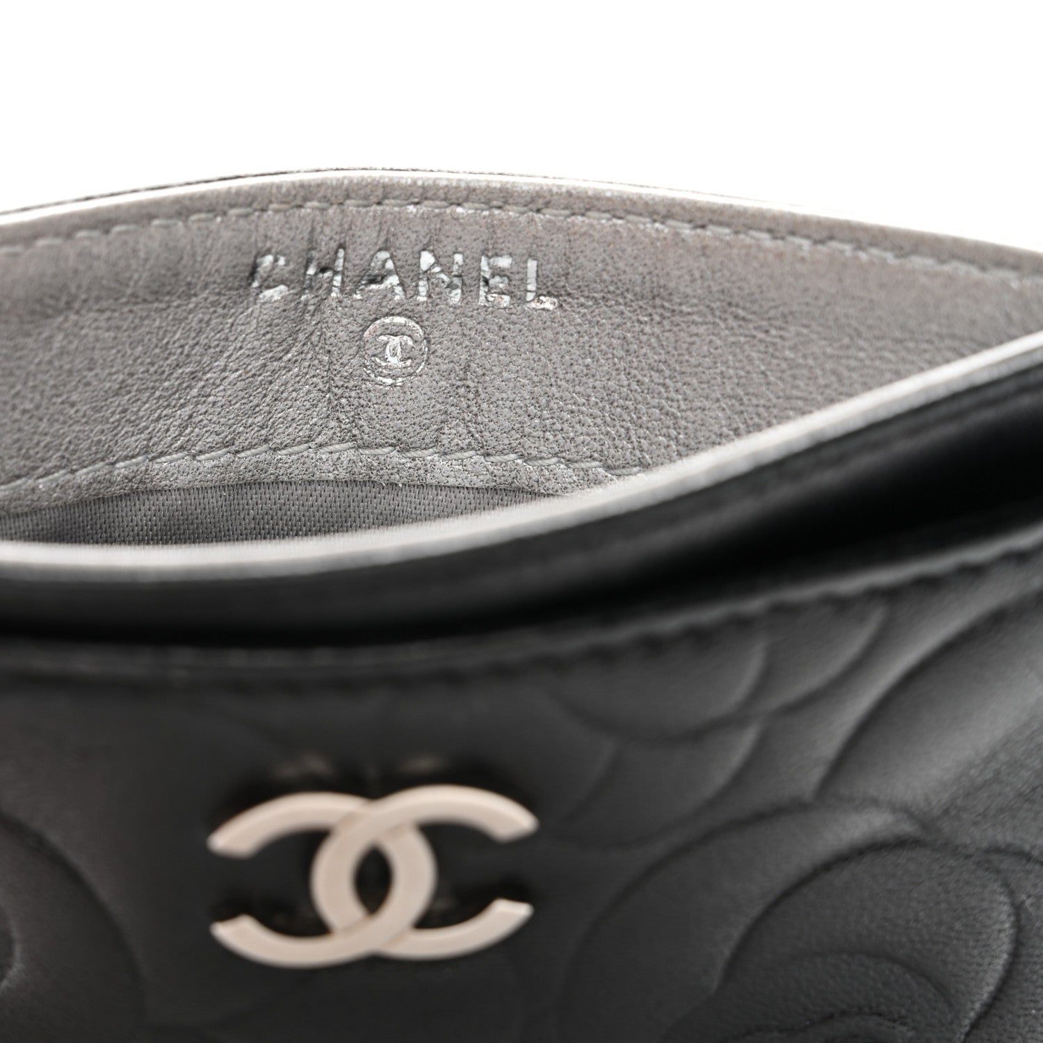 Lambskin Camellia Embossed Card Holder Black