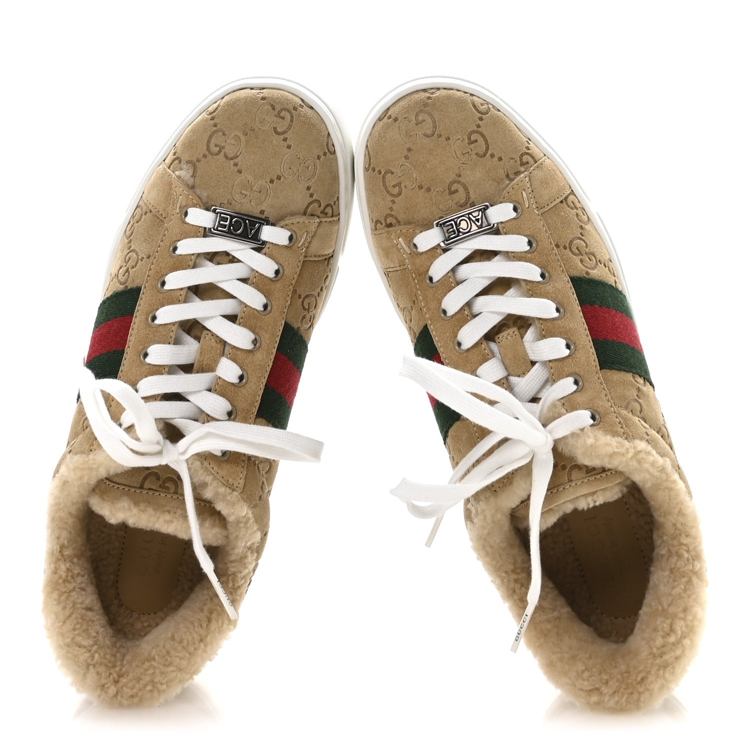 Suede Shearling Prestige GG Monogram Web Womens Ace Sneakers 37.5 Beige White Multicolor Mystic White