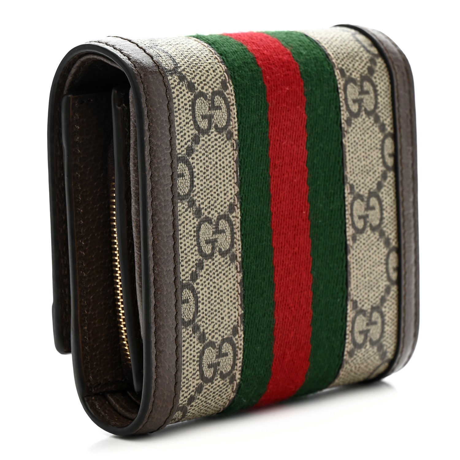 GG Supreme Monogram Textured Calfskin Web Ophidia Card Case Wallet Beige Ebony New Acero