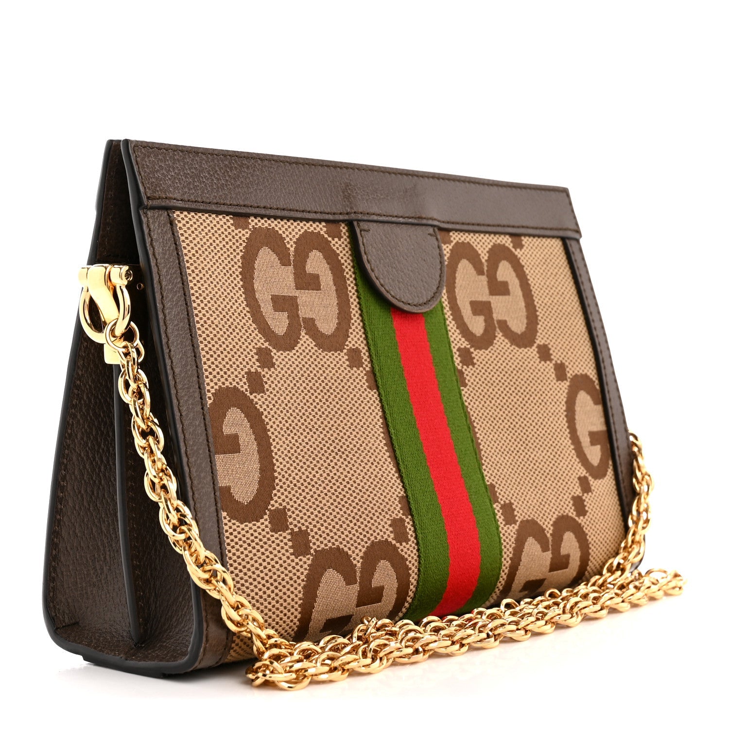 Monogram Jumbo GG Textured Dollar Calfskin Web Small Ophidia Chain Shoulder Bag Camel Ebony New Acero