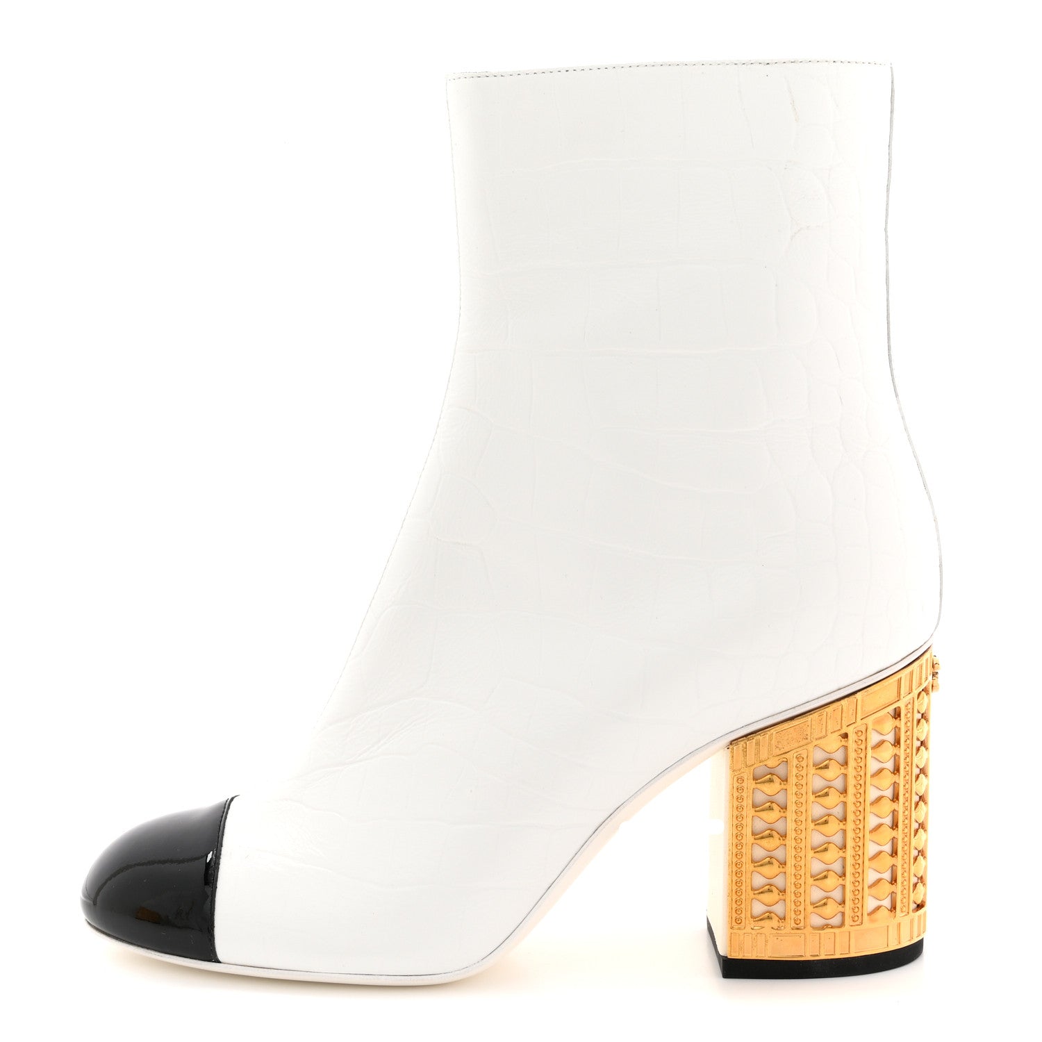 Calfskin Crocodile Embossed Patent Cap Toe Metiers D'Art Ankle Boots 36 White Black