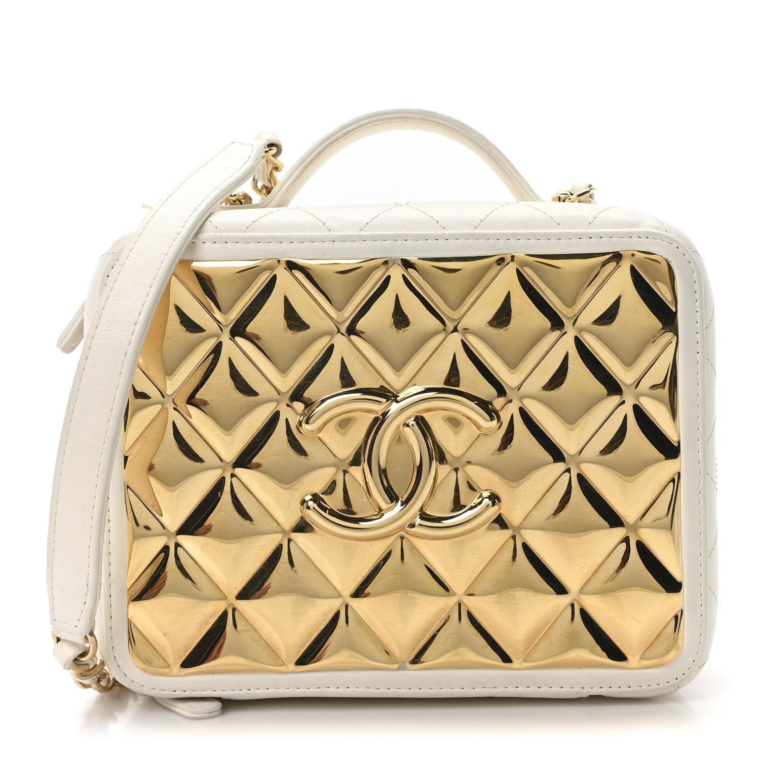 Lambskin Quilted Golden Plate Vanity Case White Gold