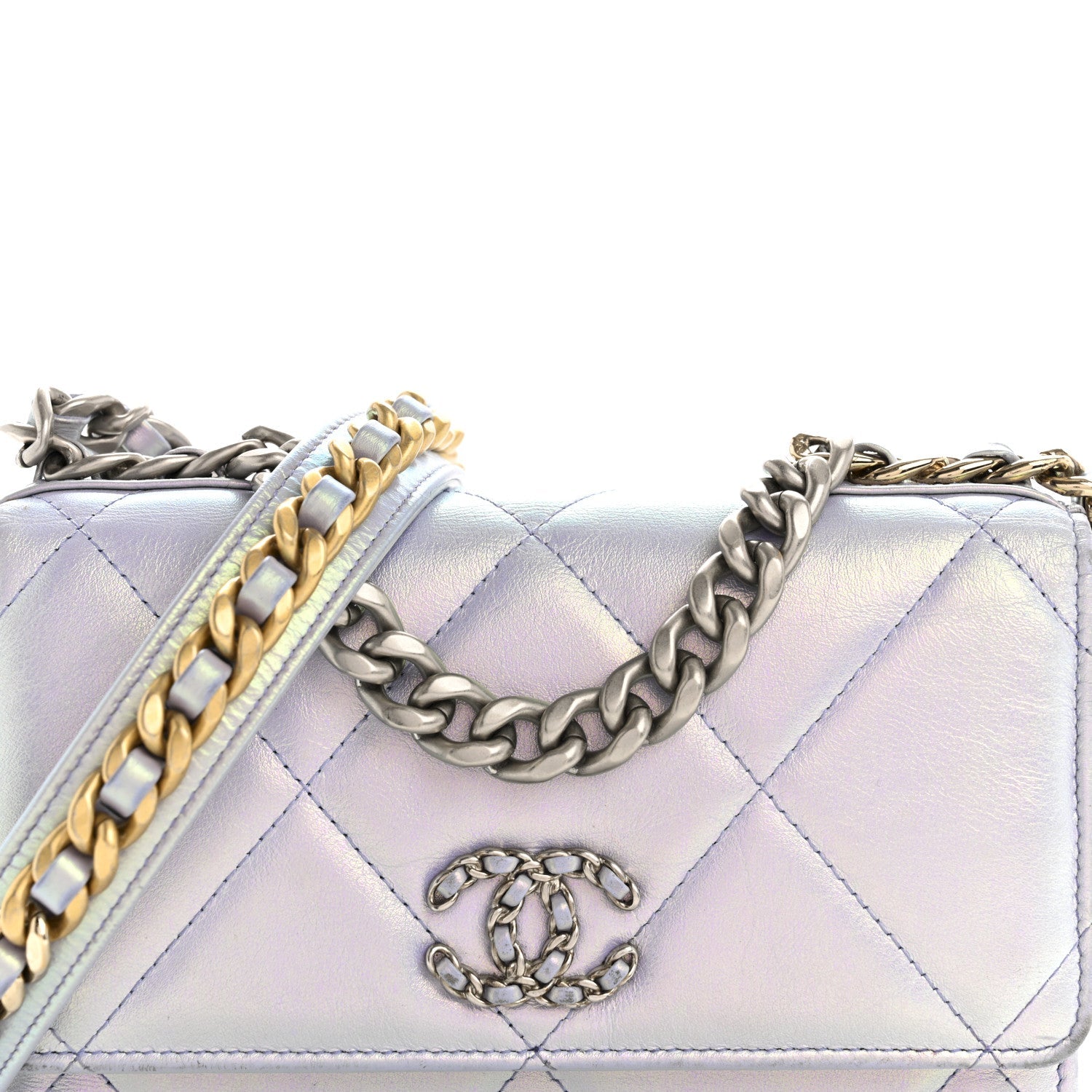 Iridescent Calfskin Quilted Chanel 19 Wallet On Chain WOC Light Purple