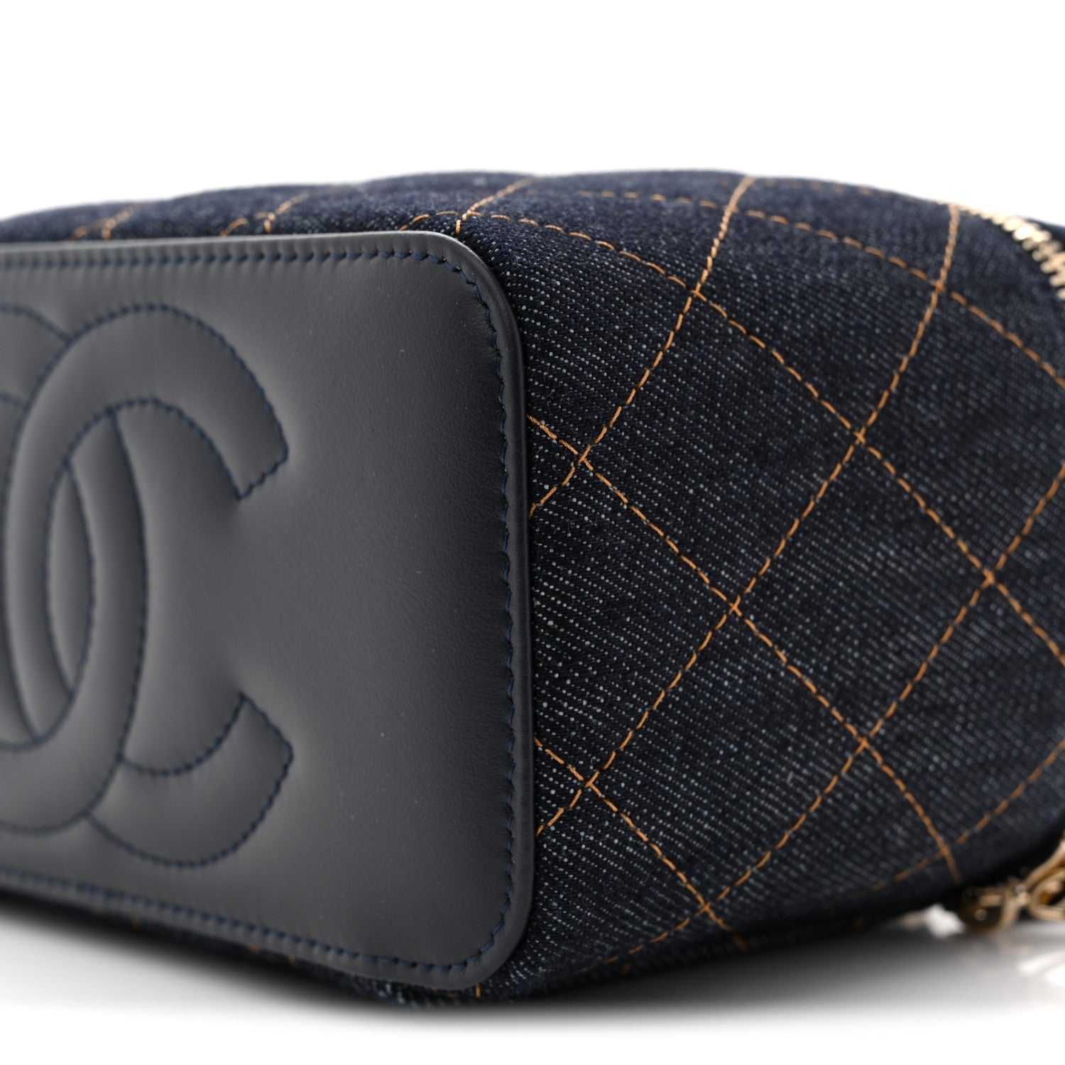 Denim Quilted Vanity Case With Chain Dark Blue