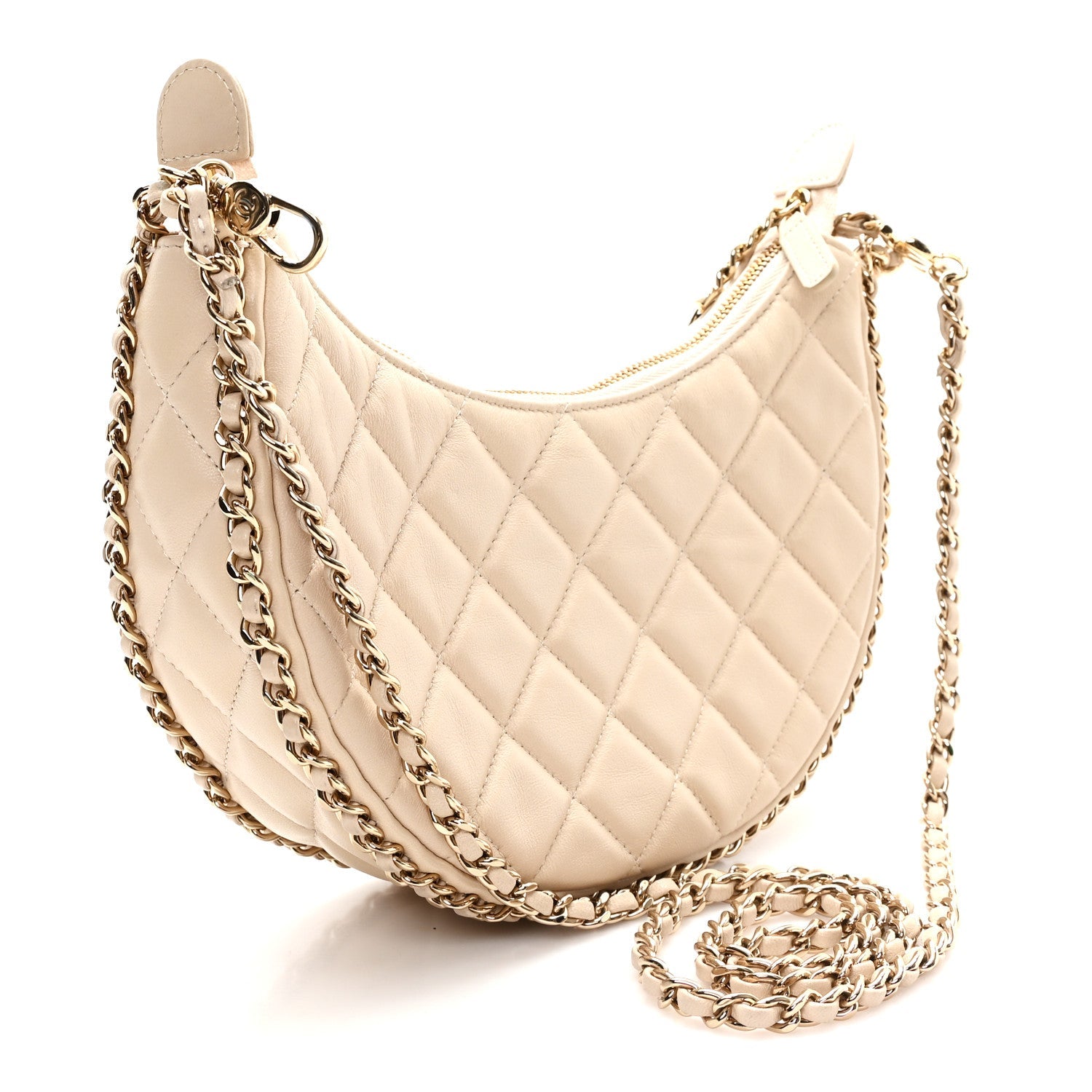 Lambskin Quilted Small Hobo Bag Light Beige