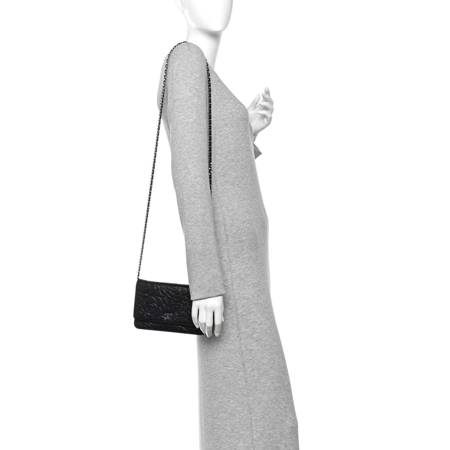 Lambskin Camellia Embossed Wallet On Chain WOC Black