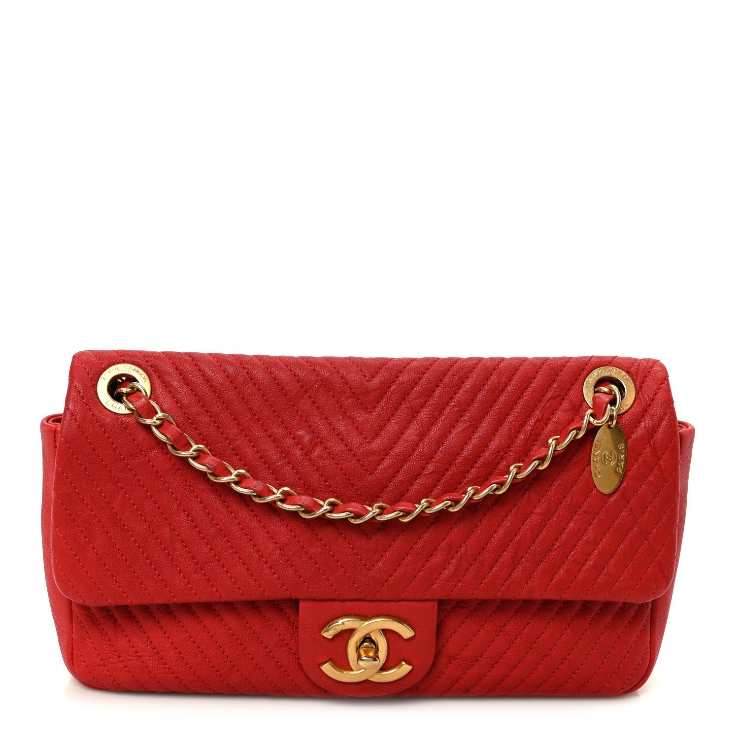 Wrinkled Lambskin Chevron Quilted Medium Flap Red