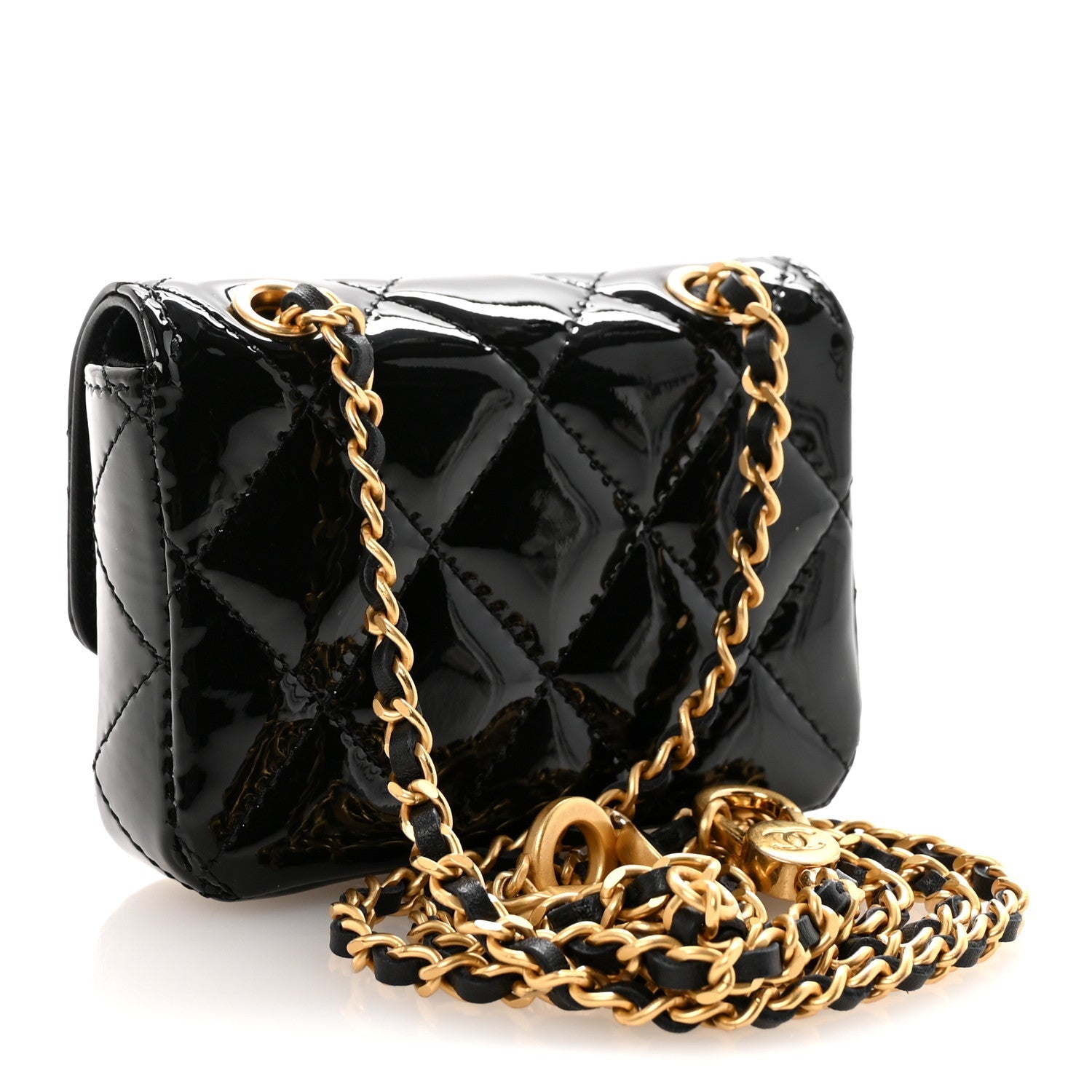 Patent Enamel Quilted Coco Hearts Clutch With Chain Black