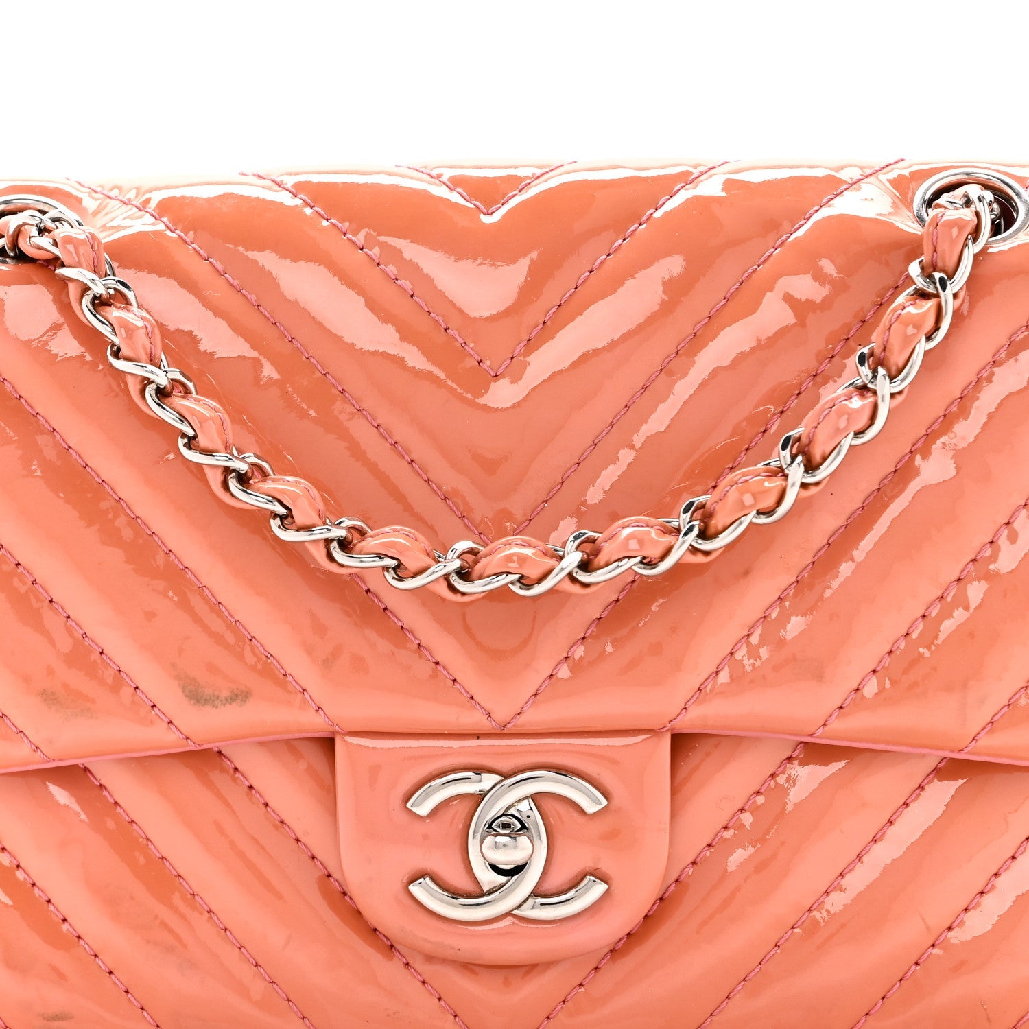 Patent Chevron Quilted Medium Single Flap Pink
