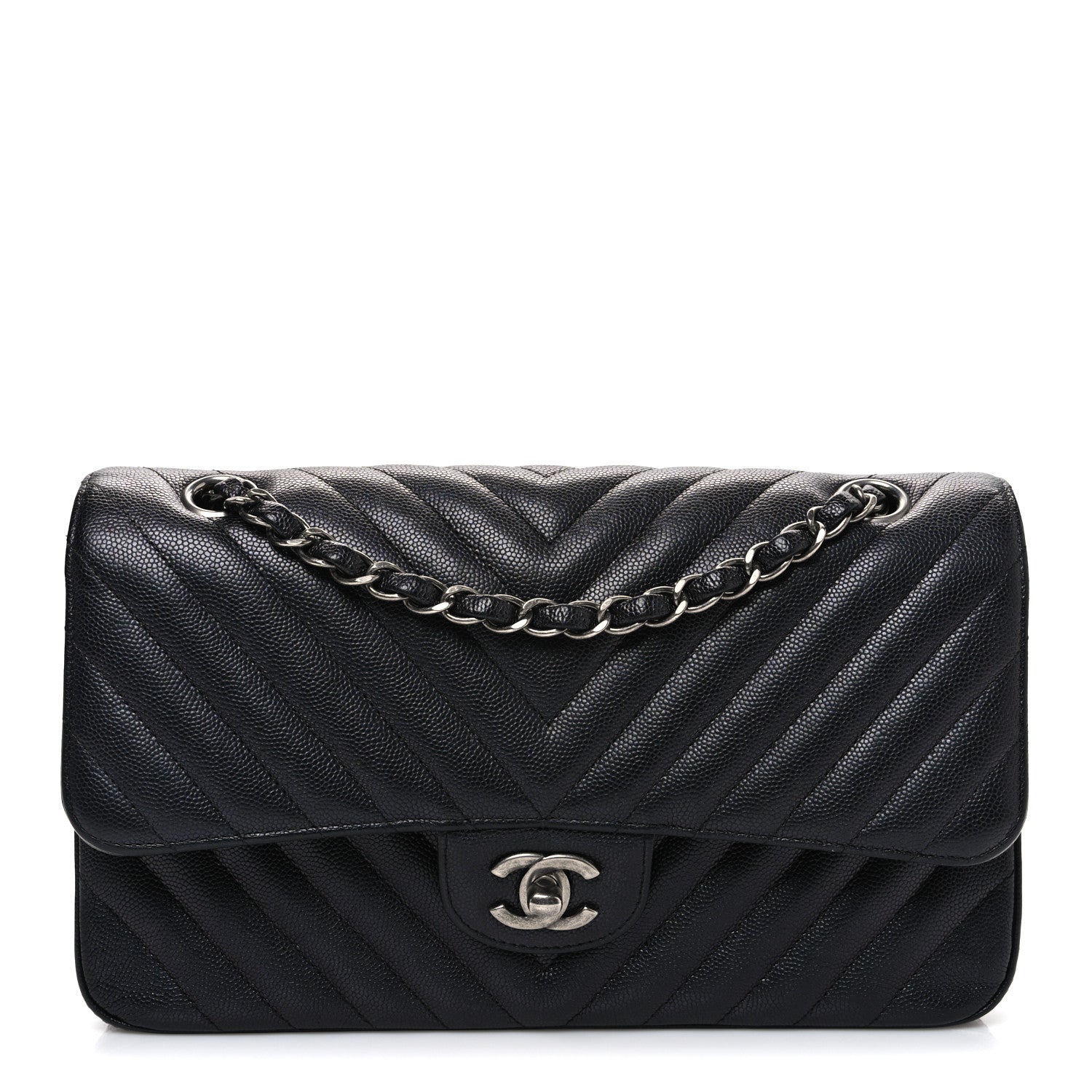 Iridescent Caviar Chevron Quilted Medium Double Flap Black