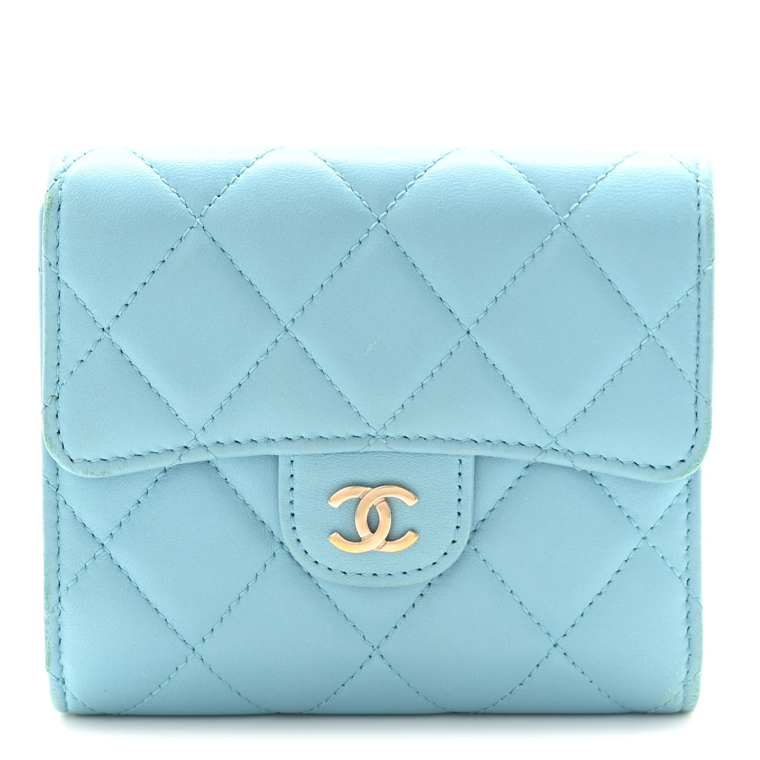 Lambskin Quilted Compact Flap Wallet Light Blue
