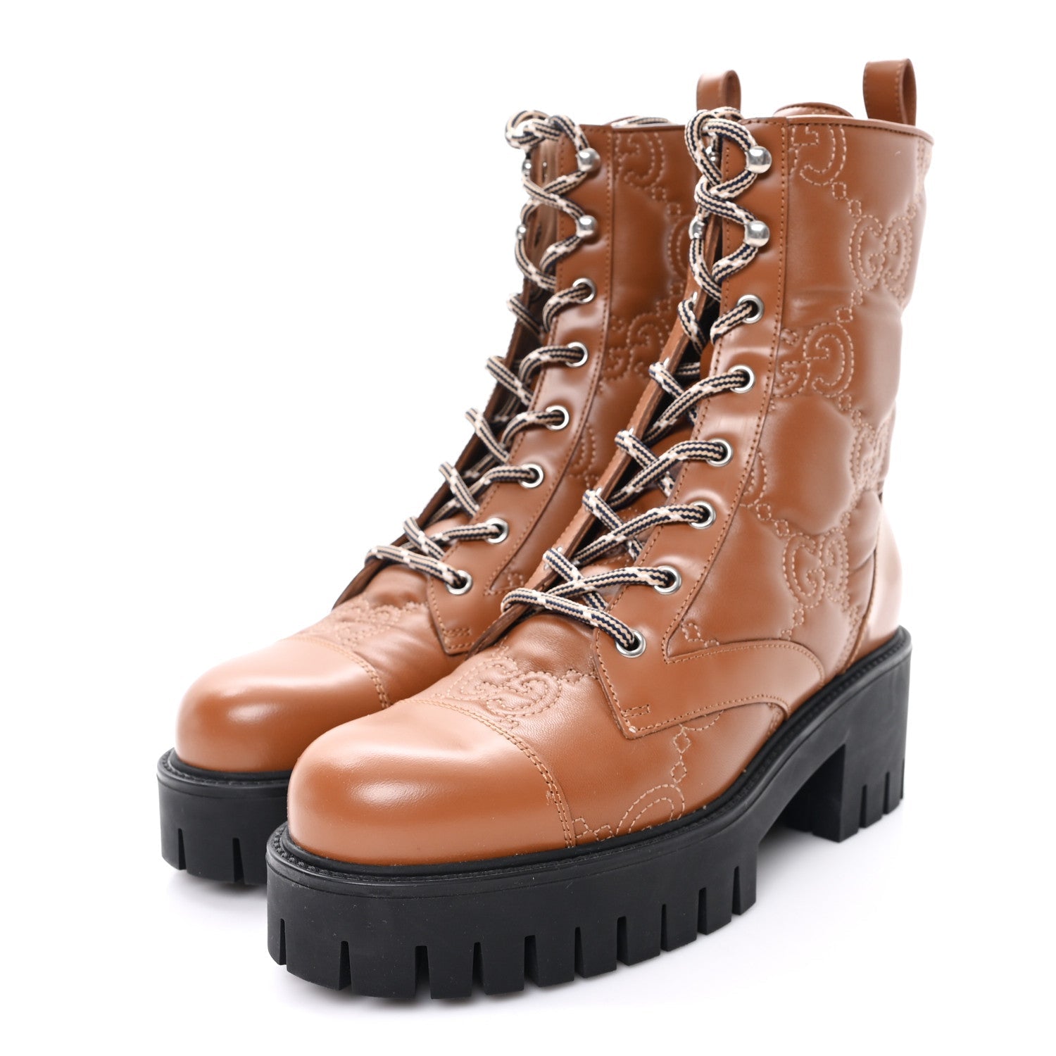 Cordovan Lux Nappa GG Matelasse Lace Up 60mm Combat Boots 37.5 Dark Hazel Brown