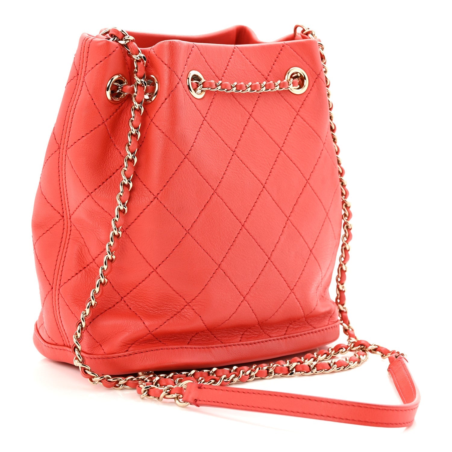 Calfskin Stitched Chain Bucket Bag Coral