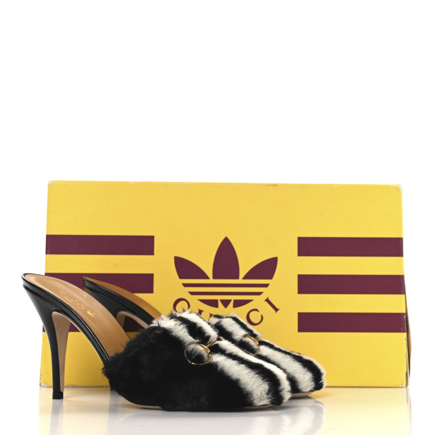 X ADIDAS Malaga Kid Fur Horsebit High Heel Mules 39.5 Black White