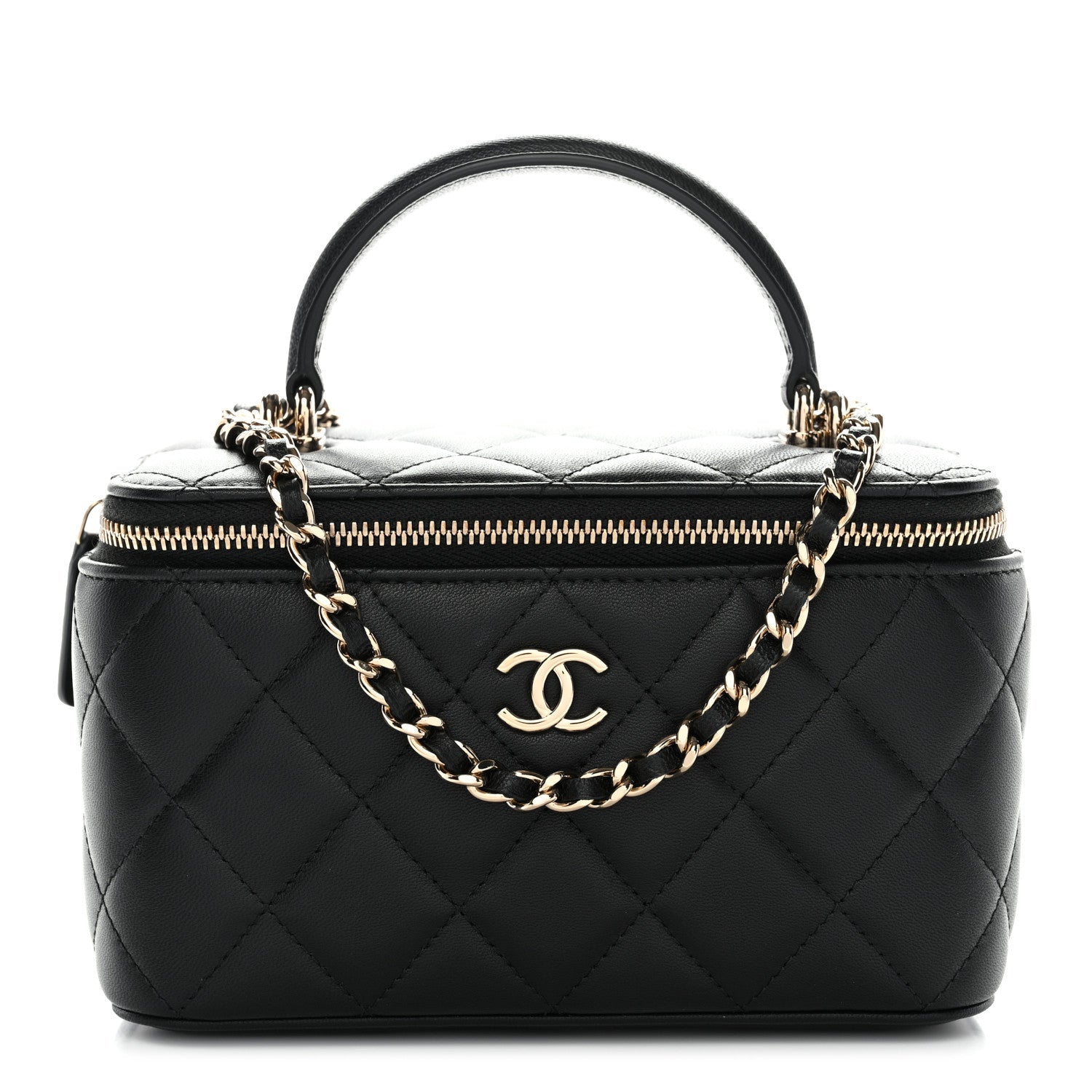 Lambskin Quilted Small Top Handle Vanity Case With Chain Black
