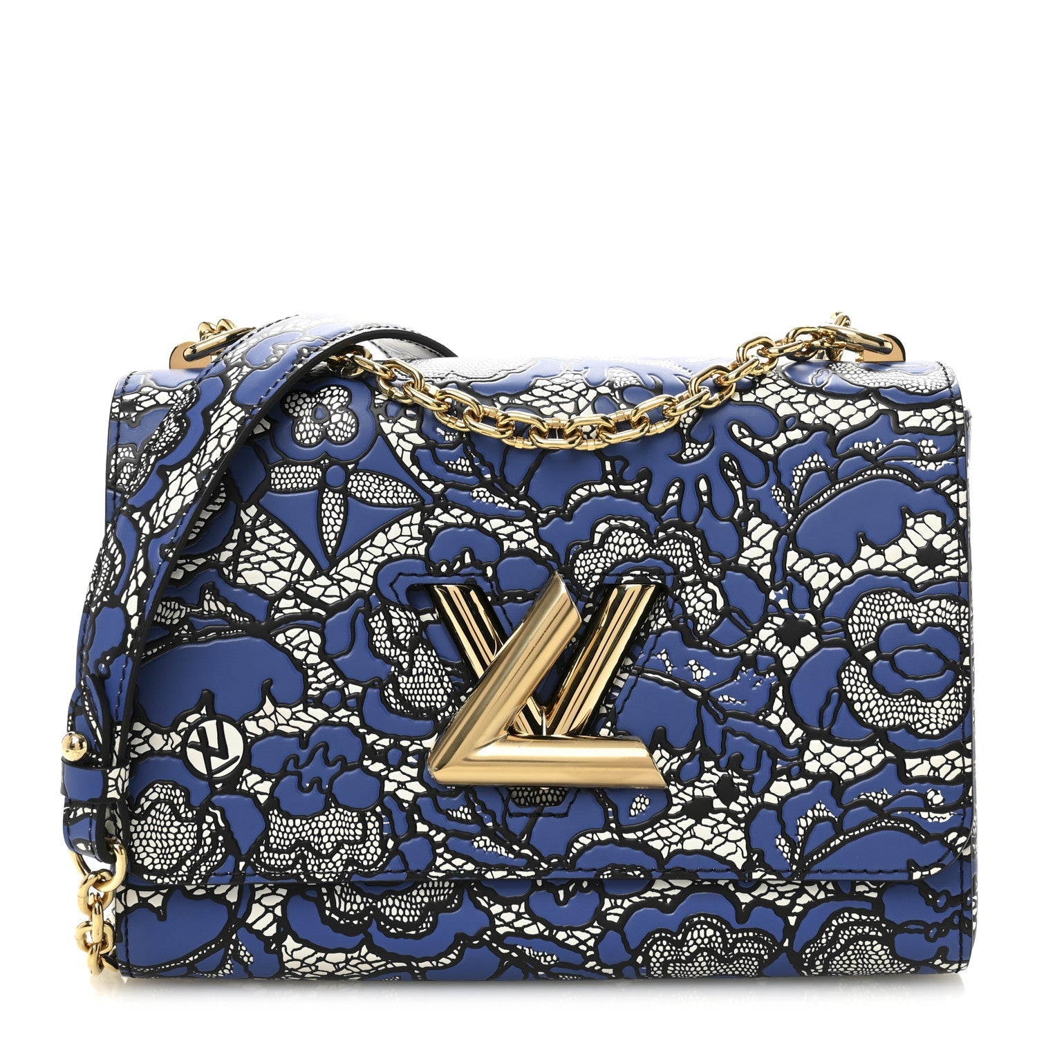 Calfskin Lace Flower Inlay Twist Shoulder Bag MM Navy Black