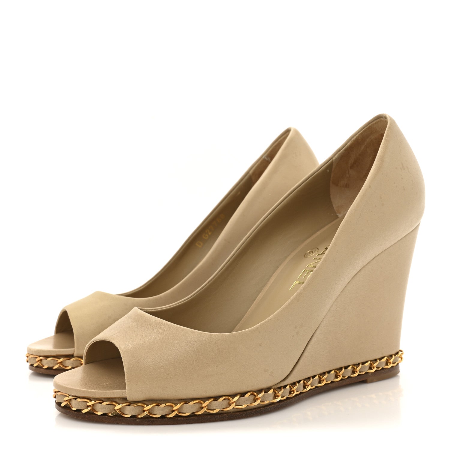 Calfskin Chain Peep Toe Wedge Pumps 39 Beige