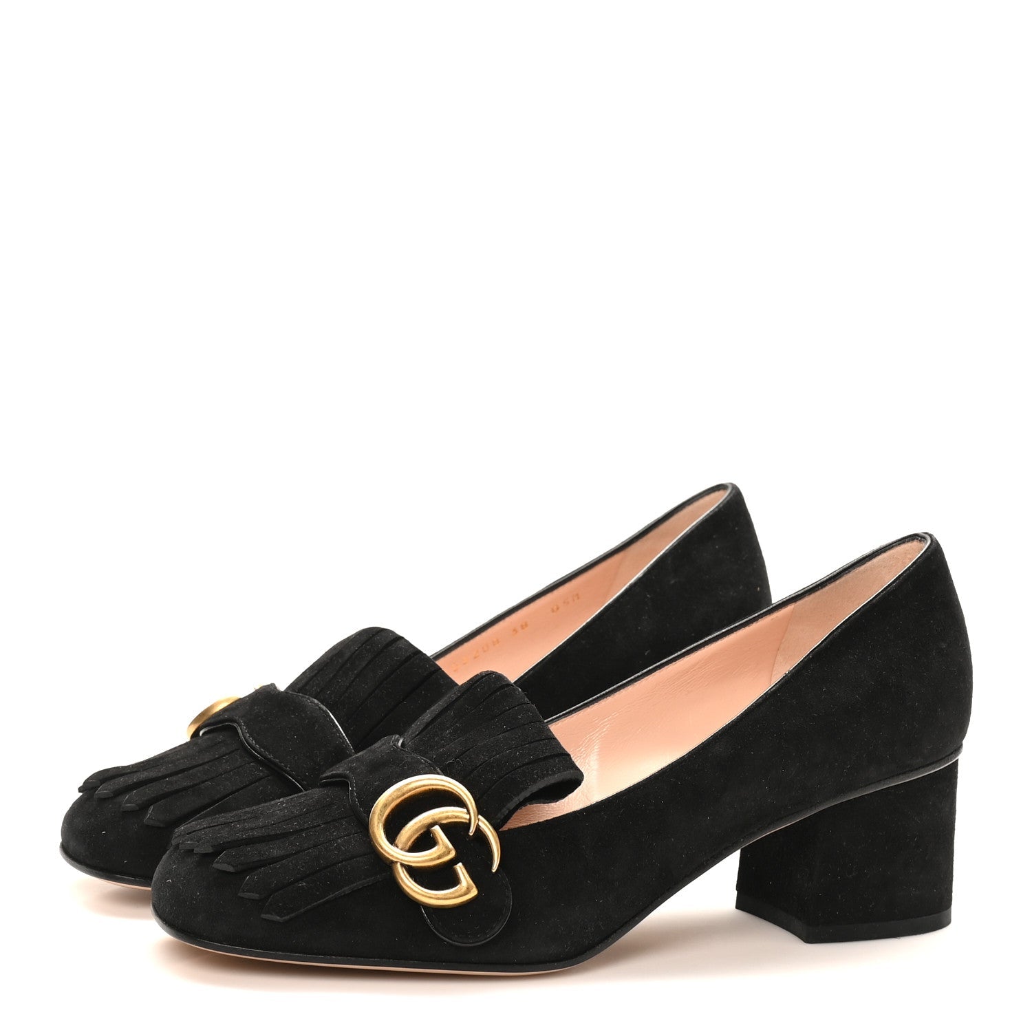 Kid Scamosciato GG Marmont Fringe 50mm Loafer Pumps 38 Black