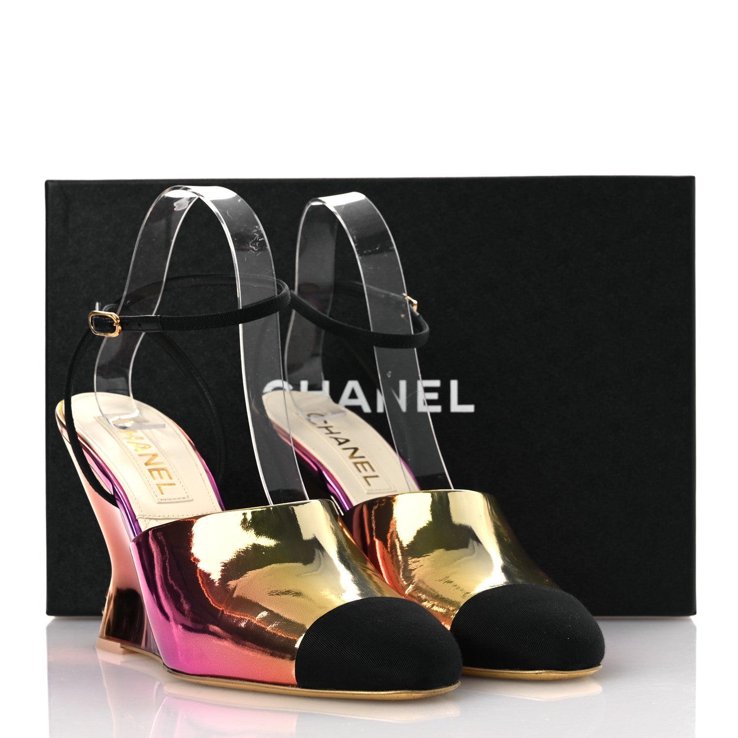 Laminated Calfskin Grosgrain Cap Toe CC Wedge Pumps 39 Pink Orange Yellow Black