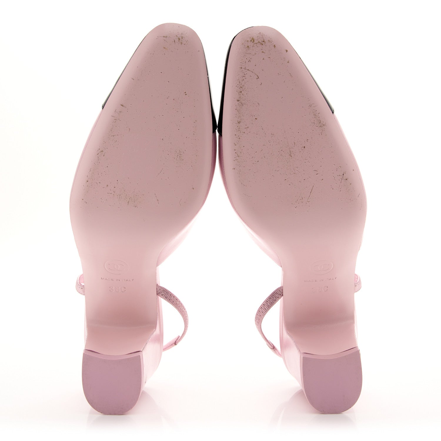 Laminated Lambskin Patent Cap Toe CC Slingback Pumps 38 Light Pink Black