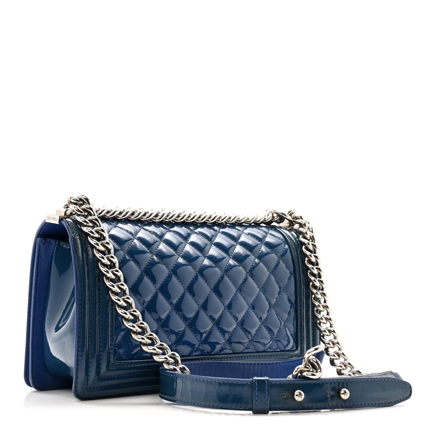 Patent Calfskin Quilted Medium Plexiglass Boy Flap Blue