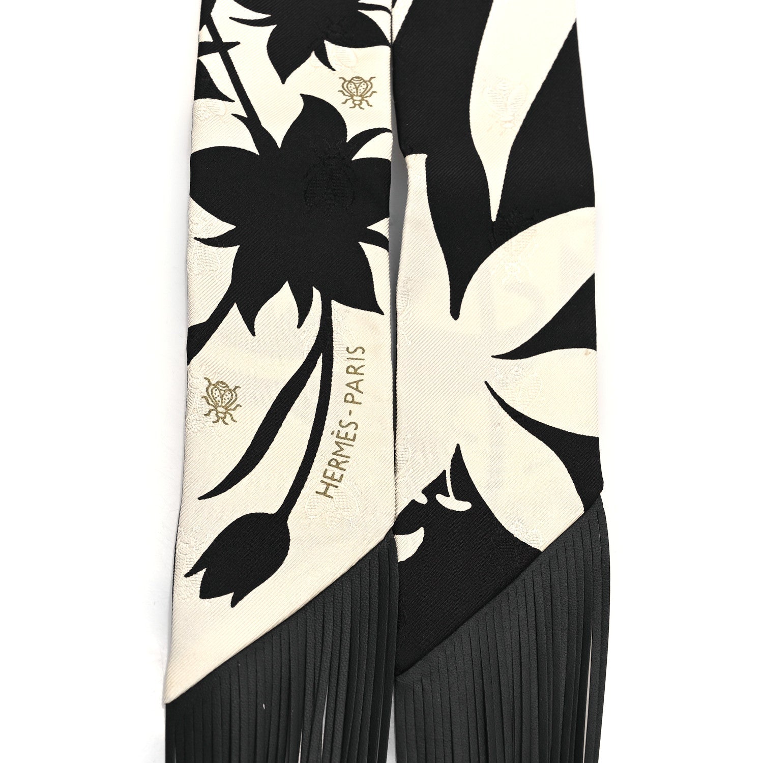 Silk Calfskin Bouquet Final Fringed Twilly Creme Black