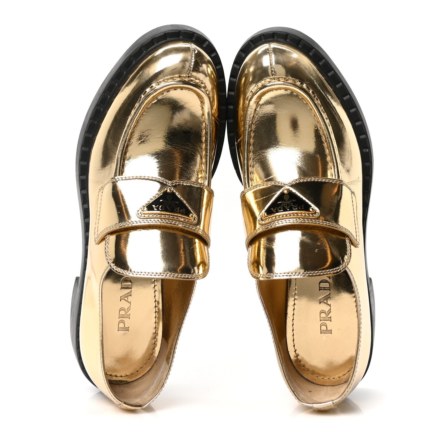 Metallic Brushed Calfskin Metal Triangle Logo 50mm Loafers 39.5 Platino