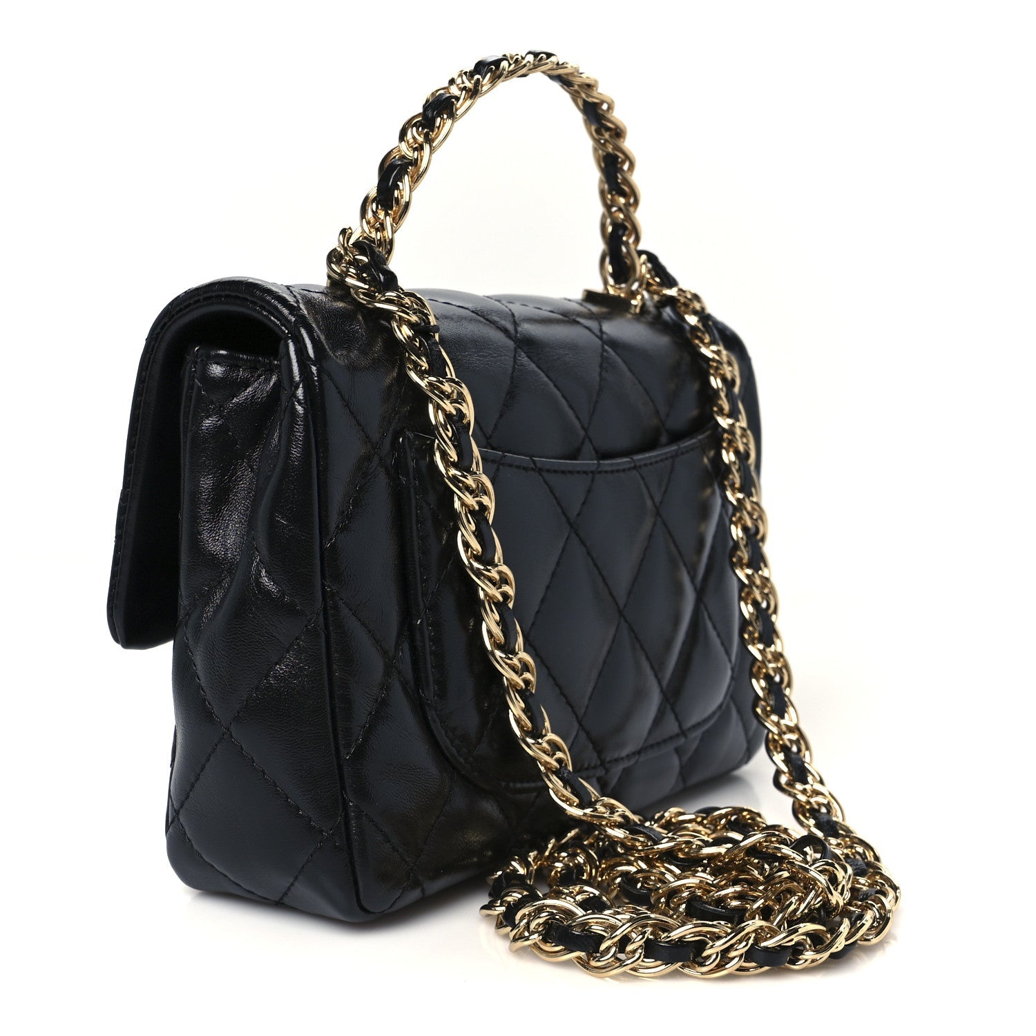 Shiny Lambskin Quilted Golden Links Top Handle Flap Black