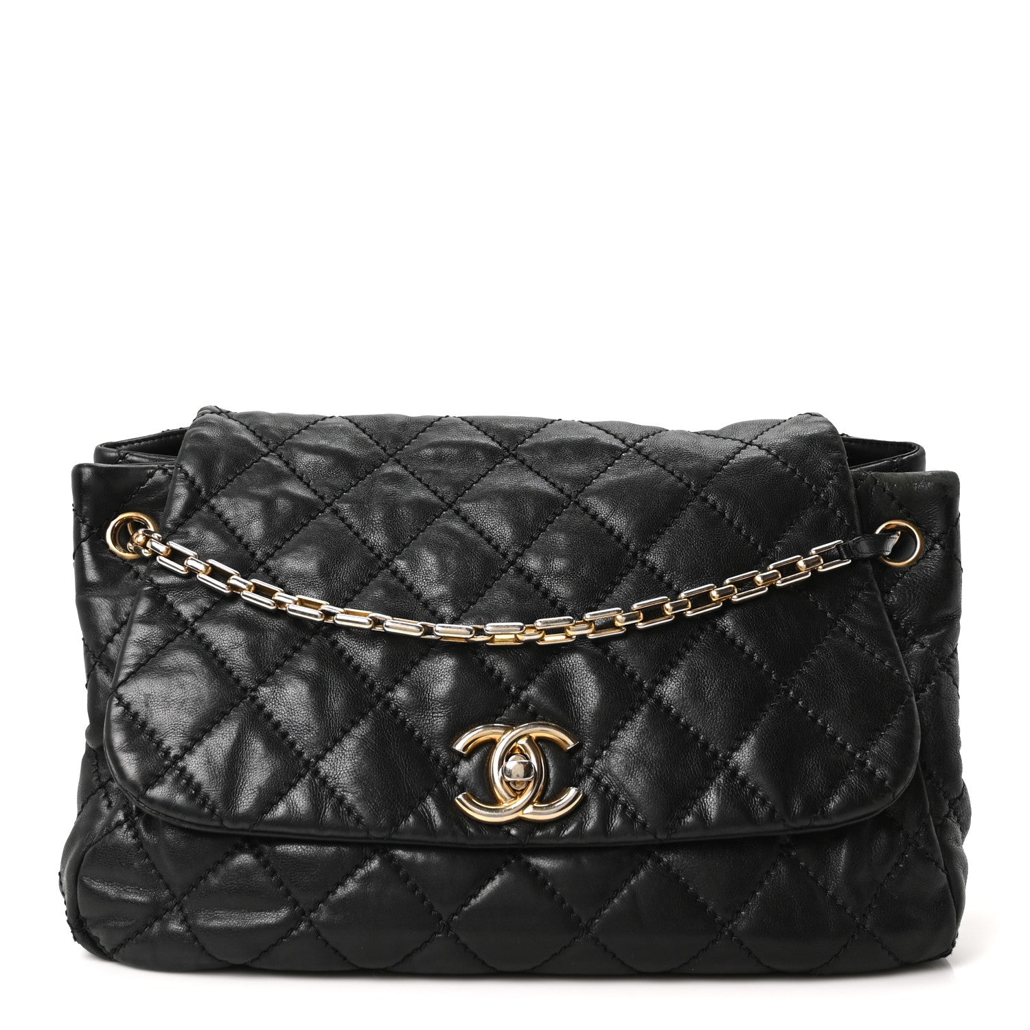 Aged Calfskin Quilted Accordion Flap Black
