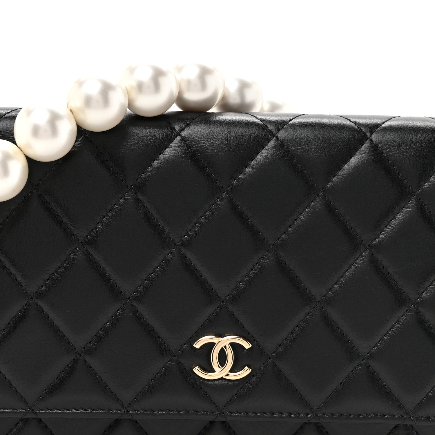 Lambskin Quilted Pearl Wallet On Chain WOC Black