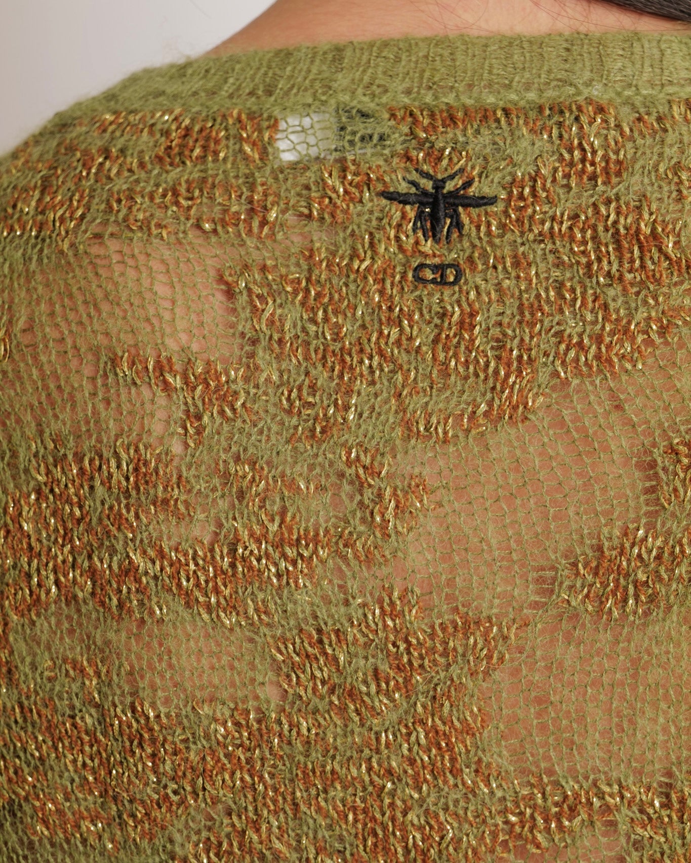 Christian Dior Green, Brown and Gold Metallic Cashmere Jumper with Back CD Logo Detail Size FR 38 (UK 10) RRP £1,950