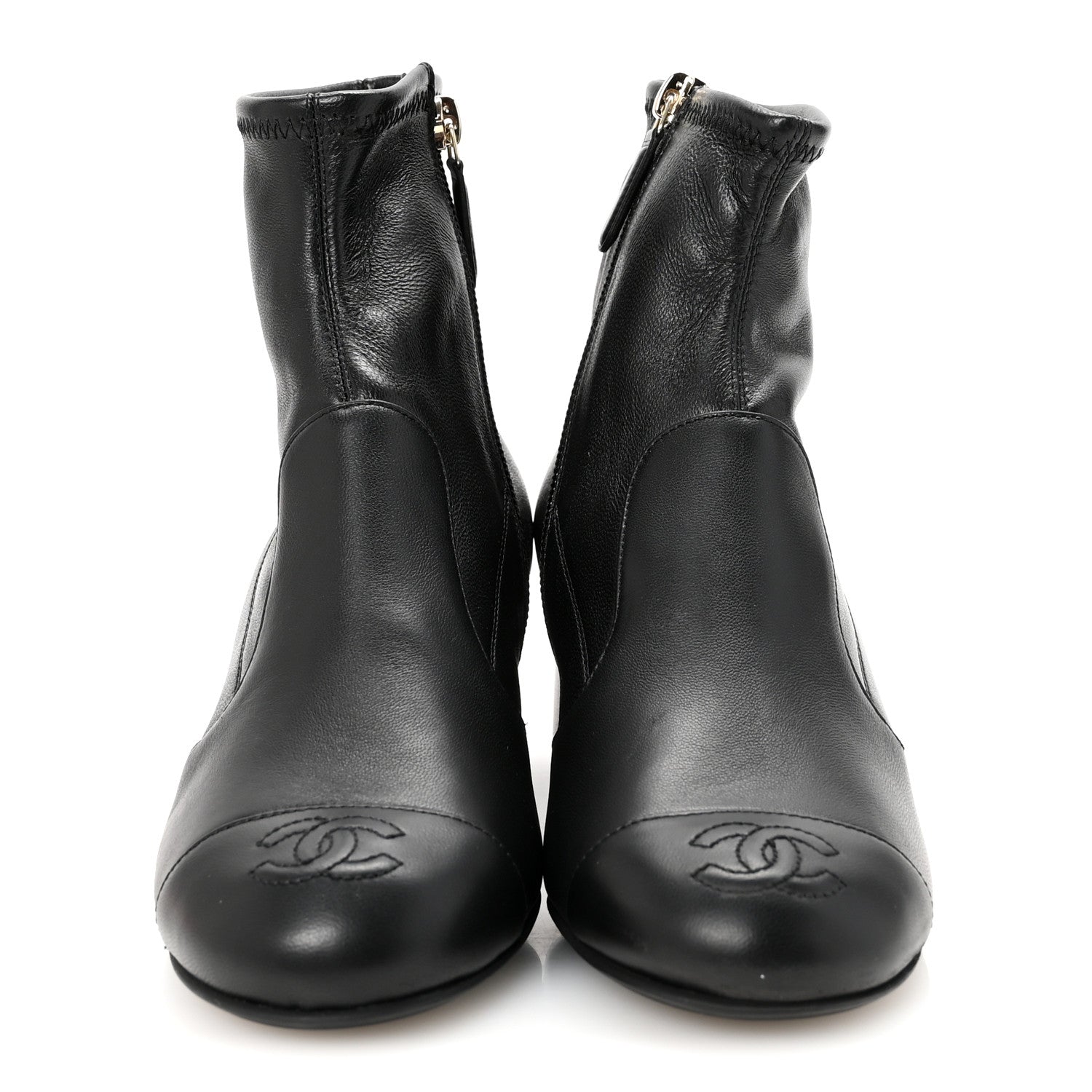 Stretch Lambskin Cap Toe CC Uniform Short Boots  35 Black